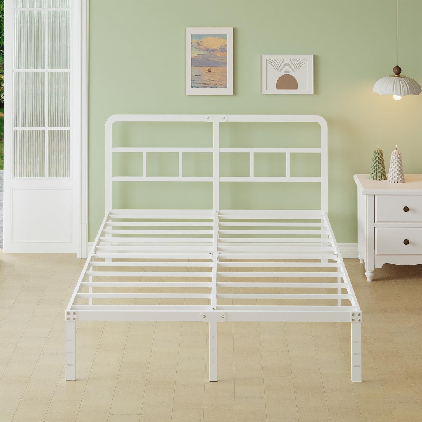 Lutown-Teen White Metal Double Bed Frame 4ft6 with Curved Headboard, 36 cm High, Heavy Duty Metal Bed Base Double with Steel Slats, 135x190 cm, Ample