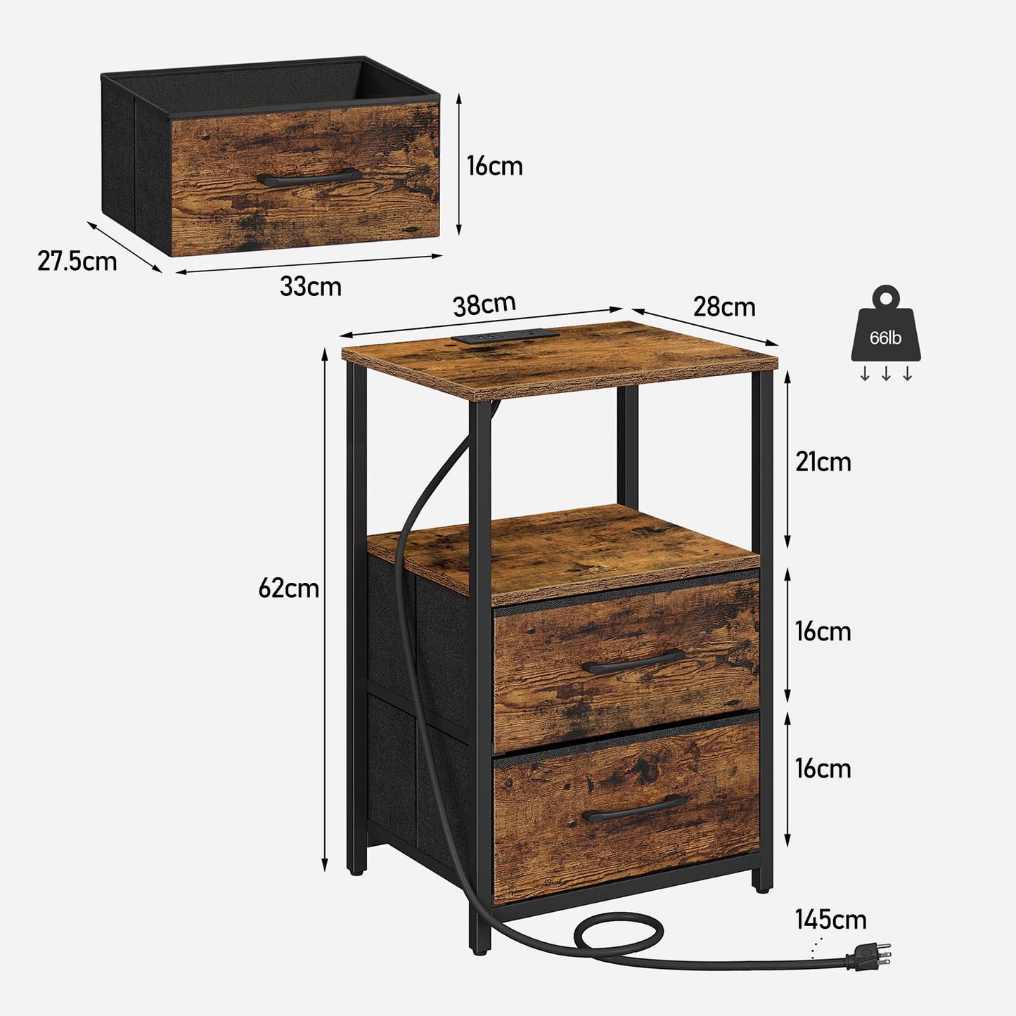 TUTOTAK Bedside Table with Charging Station, Side Table with 2 USB Ports and Outlets, Nightstand with Cloth Drawer, Set of 2, End Table