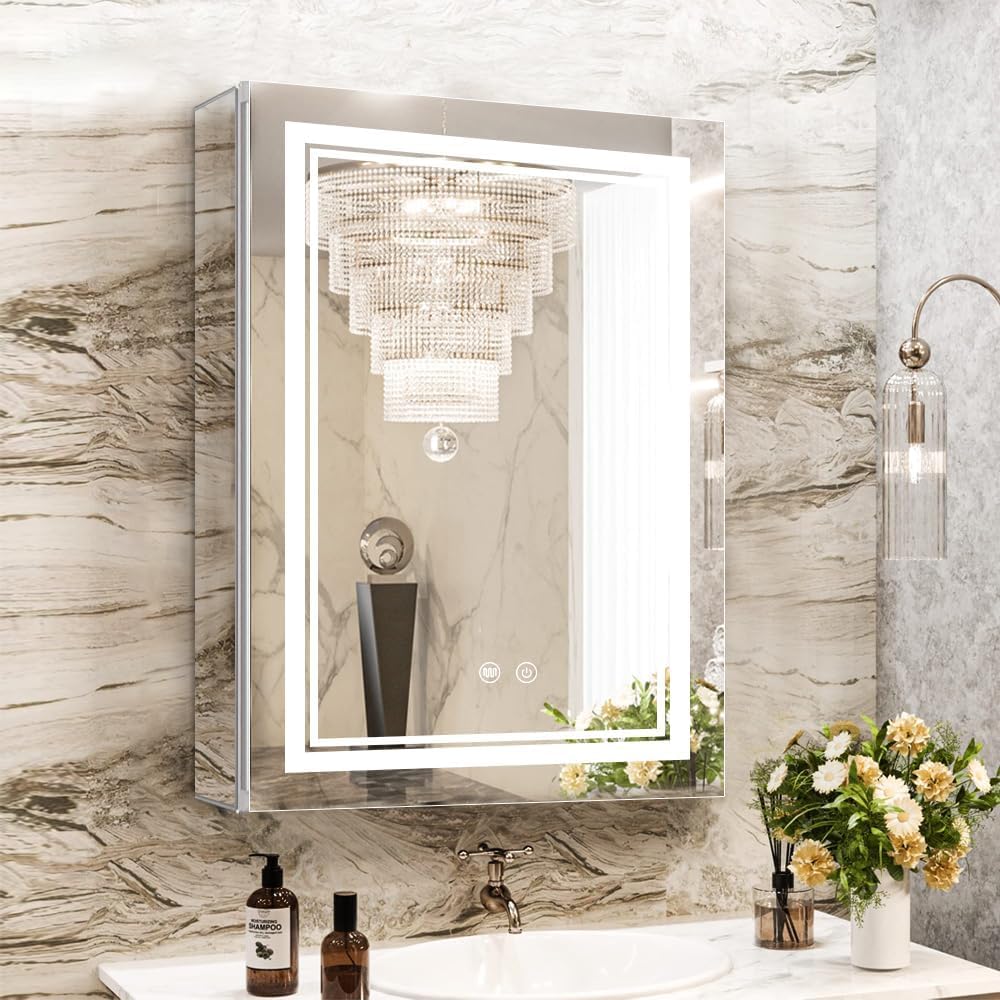 Janboe High-End Led Mirror Cabinet,Lighted Mirror Cabinet,3 Colors&Dimmable,Demister,Lighted Glass Shelf,USB Shaver Socket,Surface Mount or Recess