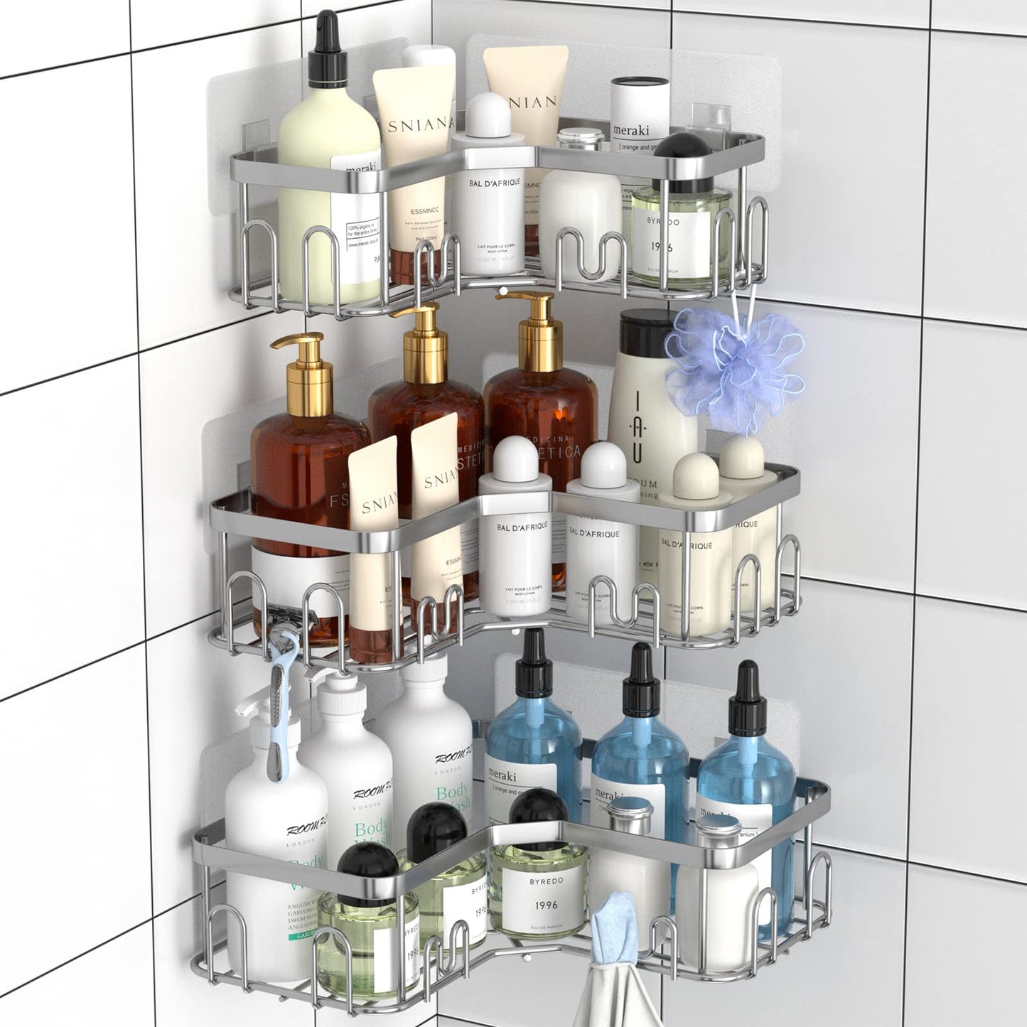 Menbyci 3 Pack Corner Shower Caddy, Corner Shower Shelf with 18 Hooks, Stainless Steel Adhesive Organizer for Bathroom Storage (Silver)