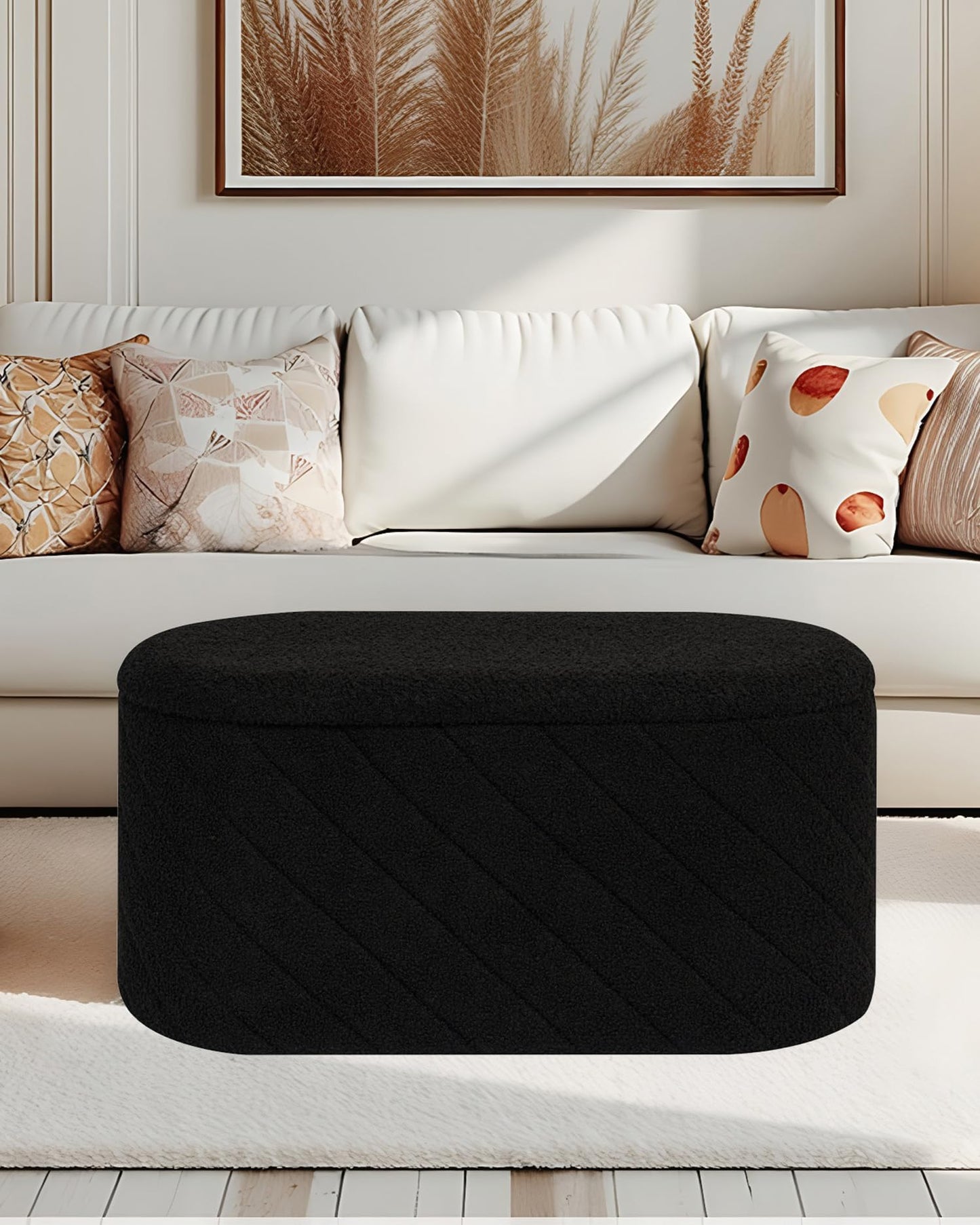 Bonlife Oval Ottoman with Storage Bench, Folding Foot Rest with Lid, Boucle End of Bed Bench,Foostool for Living