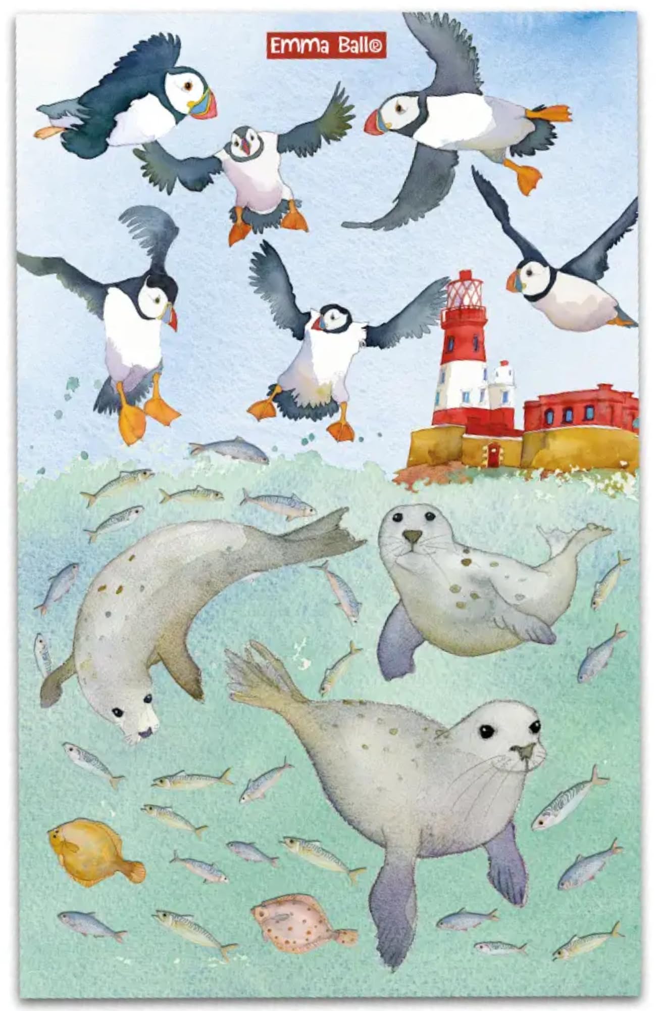 Emma Ball Swimming Seals Cotton Tea Towel Printed in The UK
