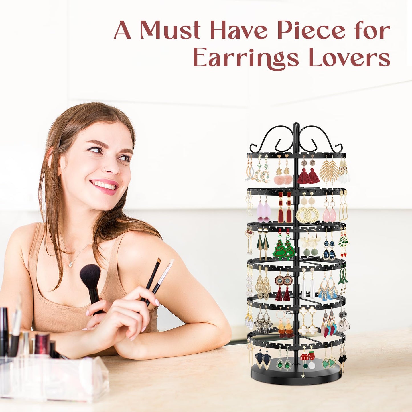 TANOSAN Rotating Earring Holder Organizer Metal Stand Display, 6 Tier Black