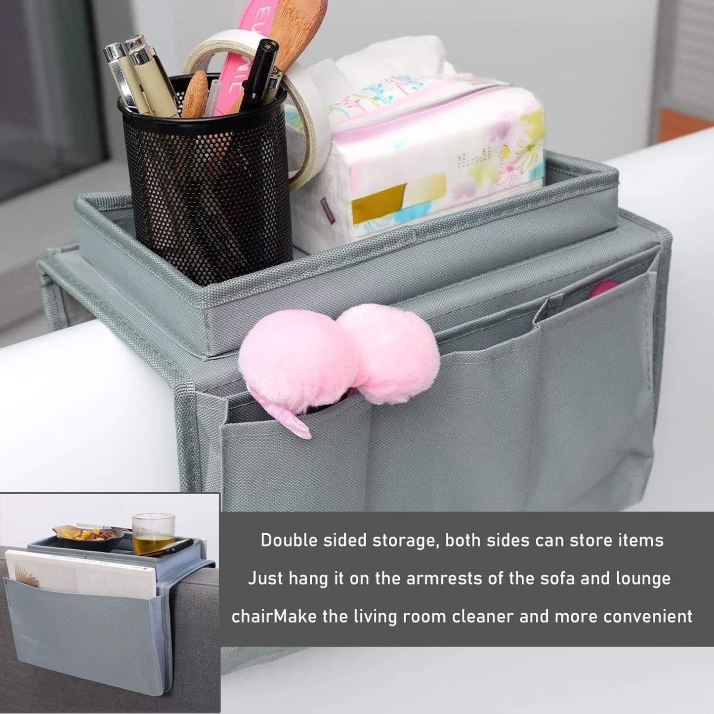 Sofa Armrest Organizer Candy Organizer with Tray & 5 Pockets, Foldable Couch Arm Rest Storage Bag Sofa Armchair Hanging Storage with Cup Holder for