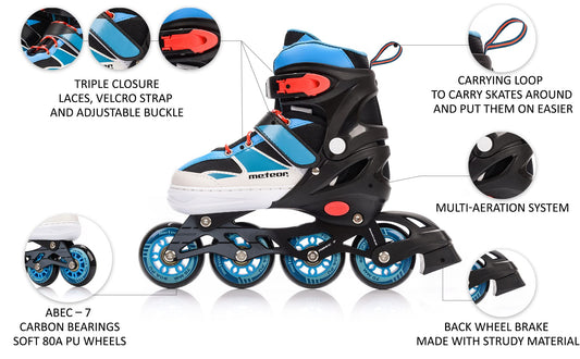 meteor Inline Skates Children's Kids Inliners Roller Skates Roller Blades ABEC 7 Carbon Children's Inline Skates Adjustable Shoe Size (Blue, S 30-33)