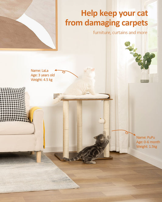 FourFurPets Cat Scratching Post 68 cm High with Three 60 cm Full Sisal Scratching Posts 56 x 40 cm Platforms Vintage Brown