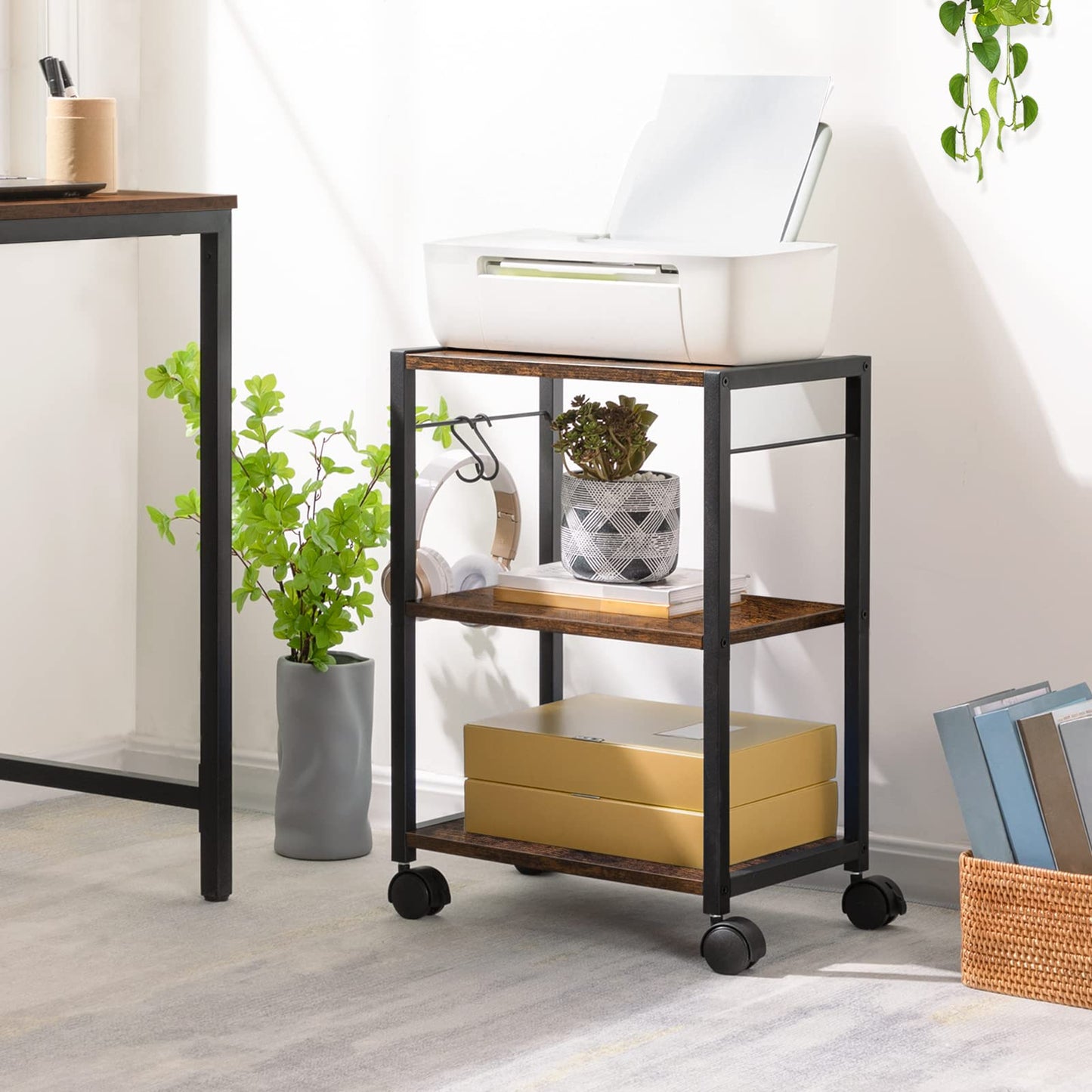 MAHANCRIS Printer Stand, 3-Tier Under Desk Printer Cart with Storage Shelf, Heavy Duty Printer Table with Wheels for Home and Office