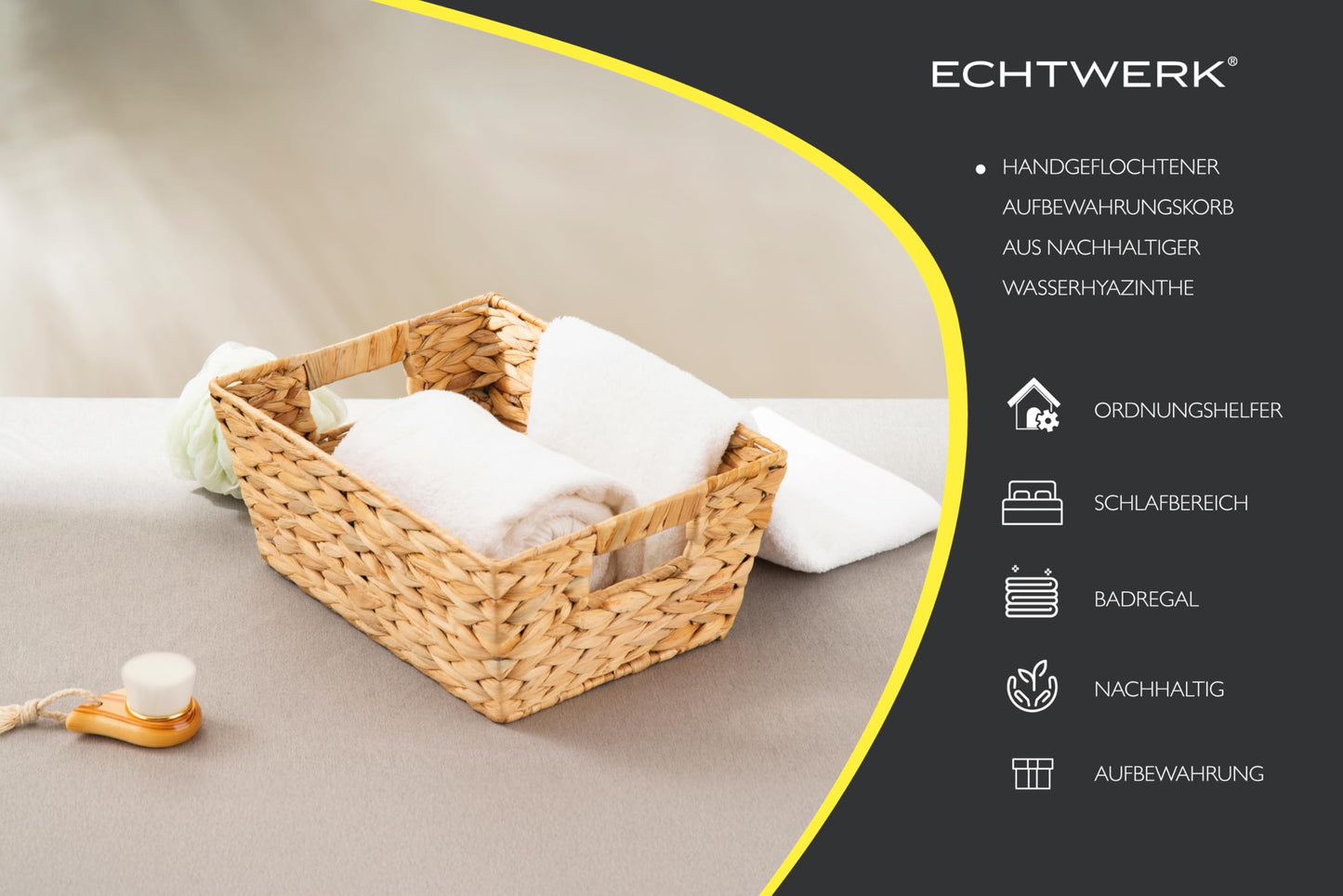 ECHTWERK Water Hyacinth Storage Basket, Rectangular, 35 x 25 x 16 cm, Natural Colours, Wicker Basket, Stackable for Bathroom, Office & Living Room