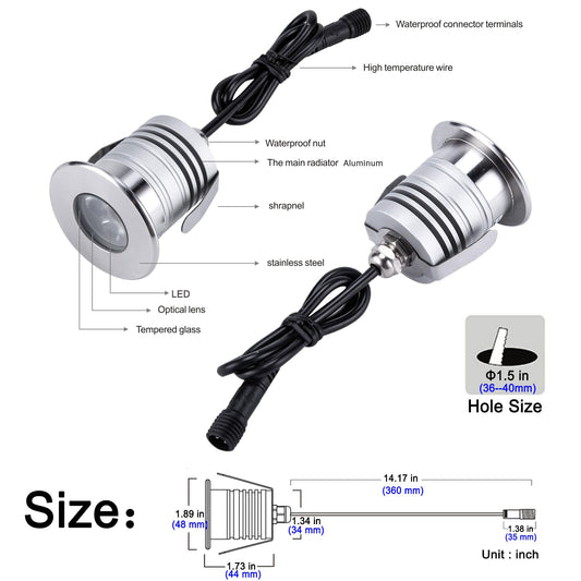CNBRIGHTER LED Underwater Pool Lights, 3W,12V-24V DC, IP68 Waterproof,Stainless Steel Aluminum,for In-Ground Swimming Pools Steps Ponds Fountains