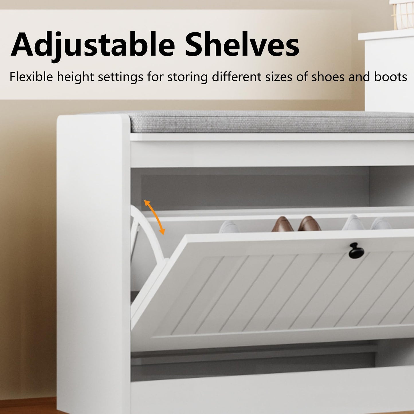 MINCETA Storage Benches, Modern Wooden Shoe Cabinet with Flip Drawer and Adjustable Shelf, Entry way Bench with Padded Seat Cushion for Entryway