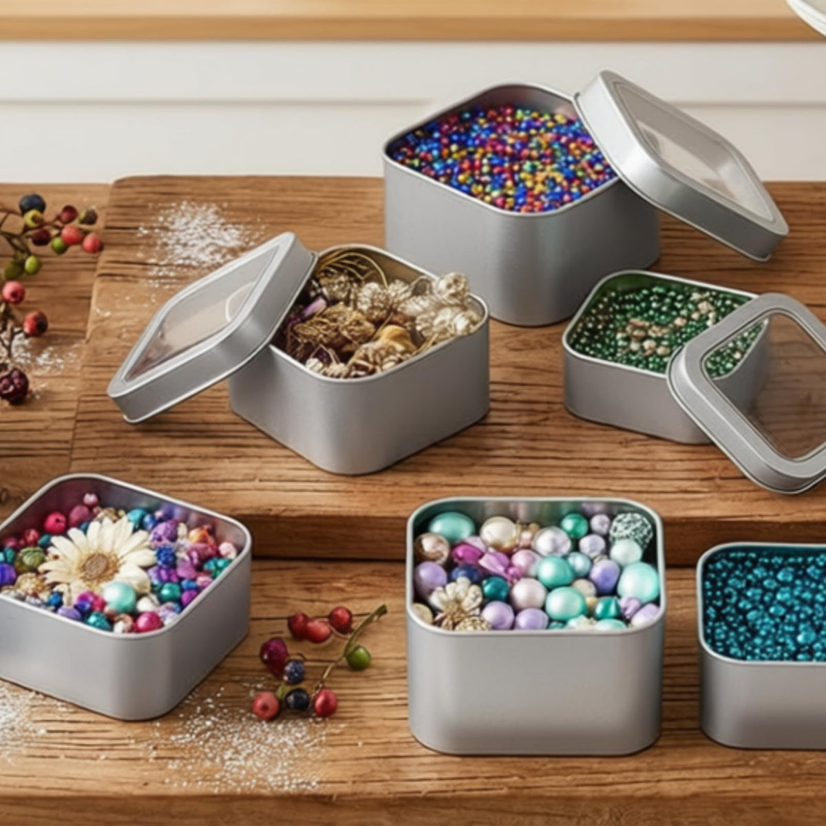 Goodma 6-Pack 240ml Square Metal Tins with Clear Window, Silver