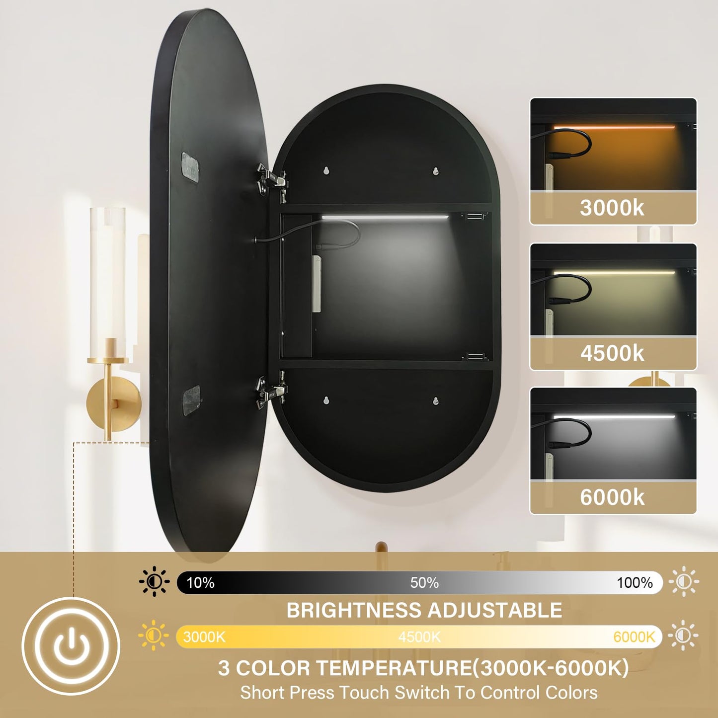 Janboe Capsule Shape Mirror Cabinet with Light,LED Mirror Cabinet,USB Shaver Socket,Internal Light,Steel with Powder Coating,Soft Closing