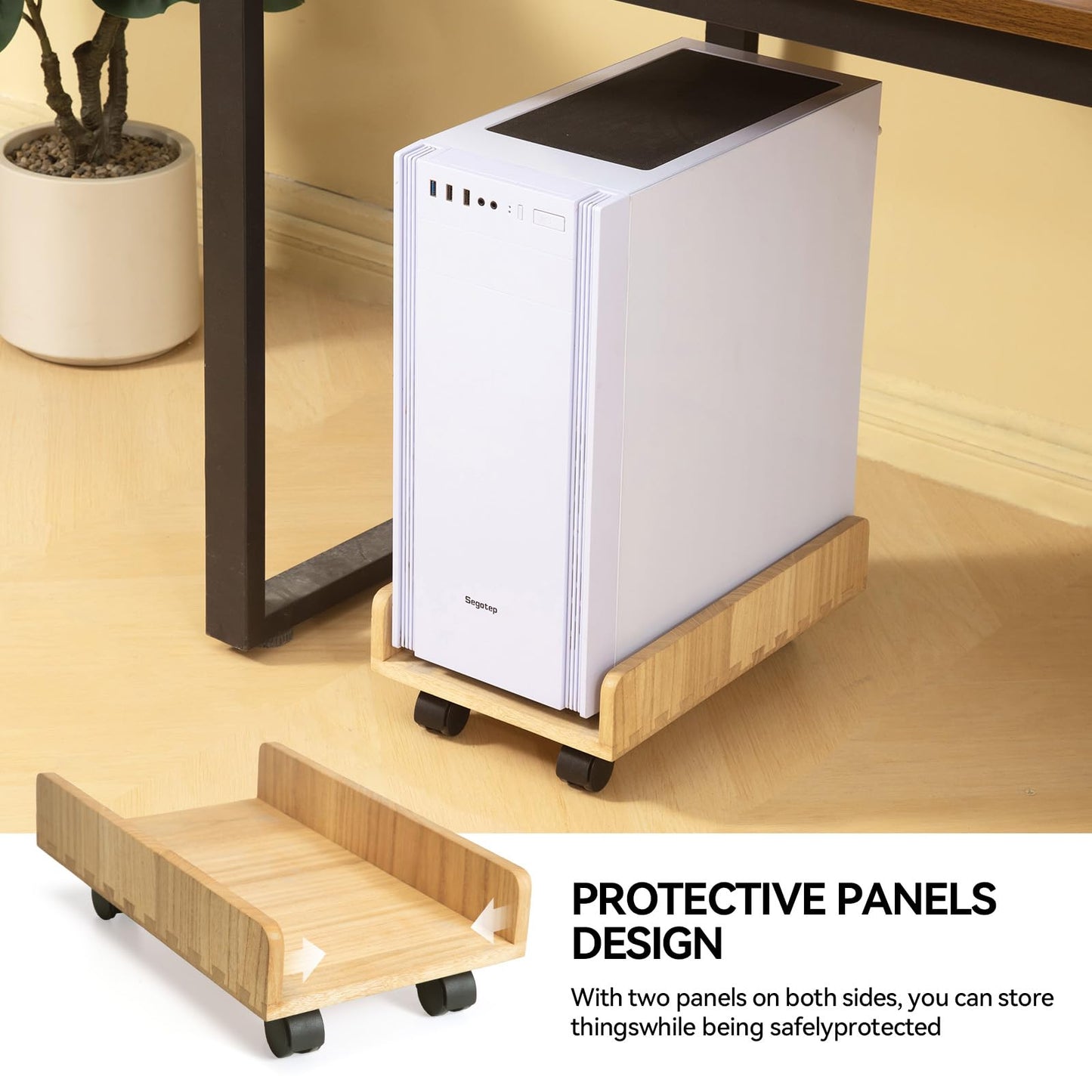 KIRIGEN Wooden CPU Stand PC Cart for ATX Tower, Adjustable Computer Tower Stand with Locking Caster Wheels, Solid Wood Mobile Desktop Case Holder