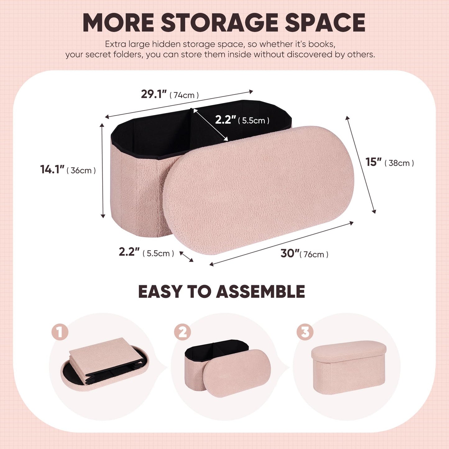 Bonlife Folding Ottoman Storage Bench,Boucle Footstool Oval, End of Bed Stool, Ideal for Living Room, Bedroom,76x38x38cm,Pink