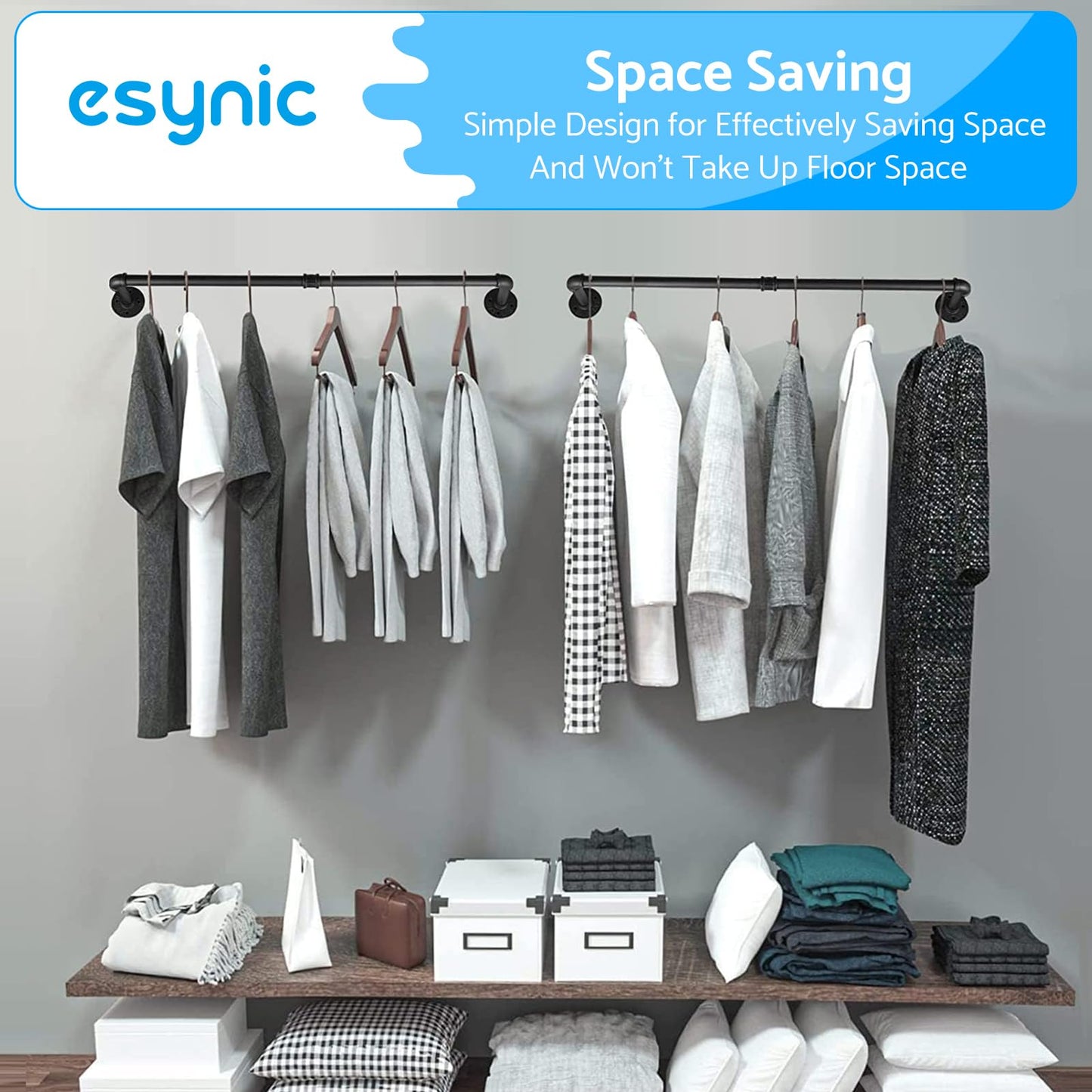 eSynic 60cm Black Industrial Wall Mounted Clothes Rail Heavy Duty