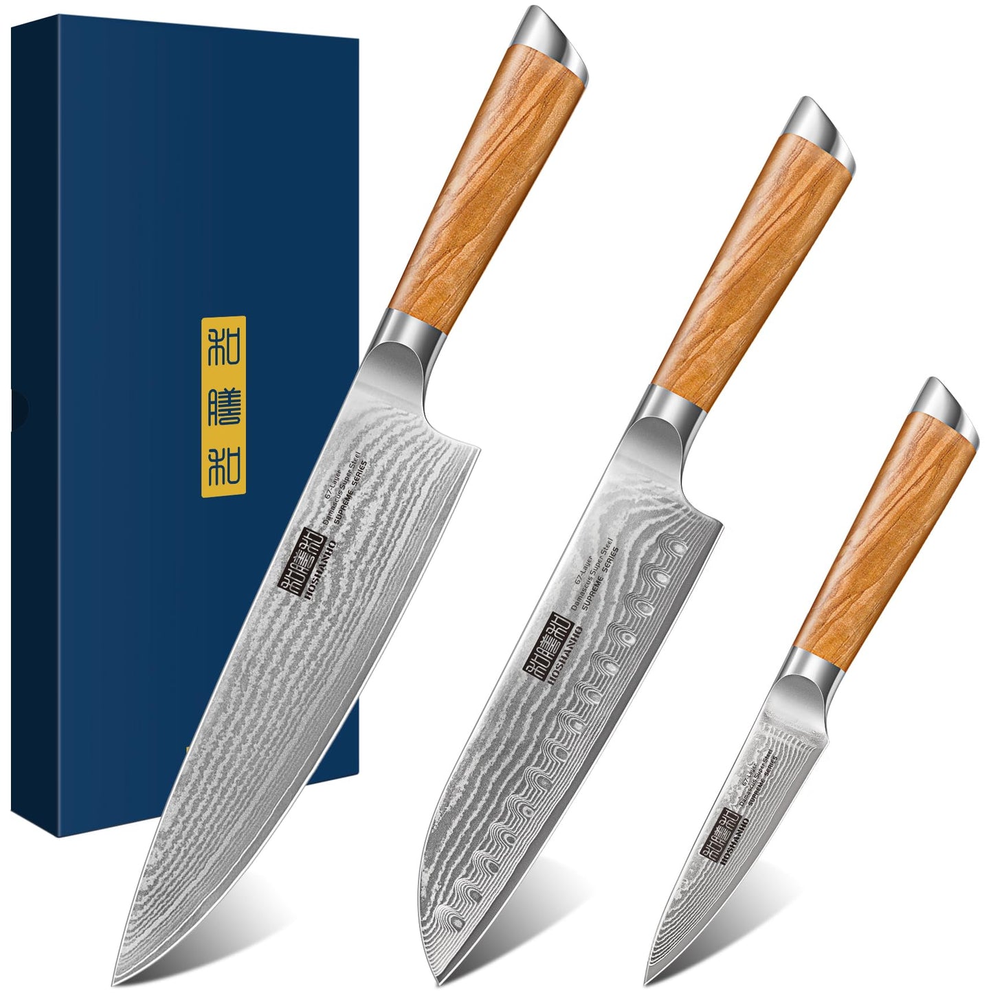 HOSHANHO Damascus Kitchen Knife Set, Ultra Sharp 8" Chef Knife, 7" Santoku Knife, 3.75" Paring Knife, Professional 10Cr15CoMoV Damascus Super Steel