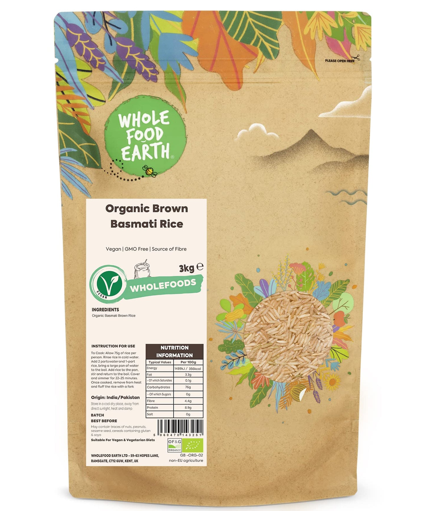 Wholefood Earth Organic Brown Basmati Rice 3 kg, GMO Free, Source of Fibre
