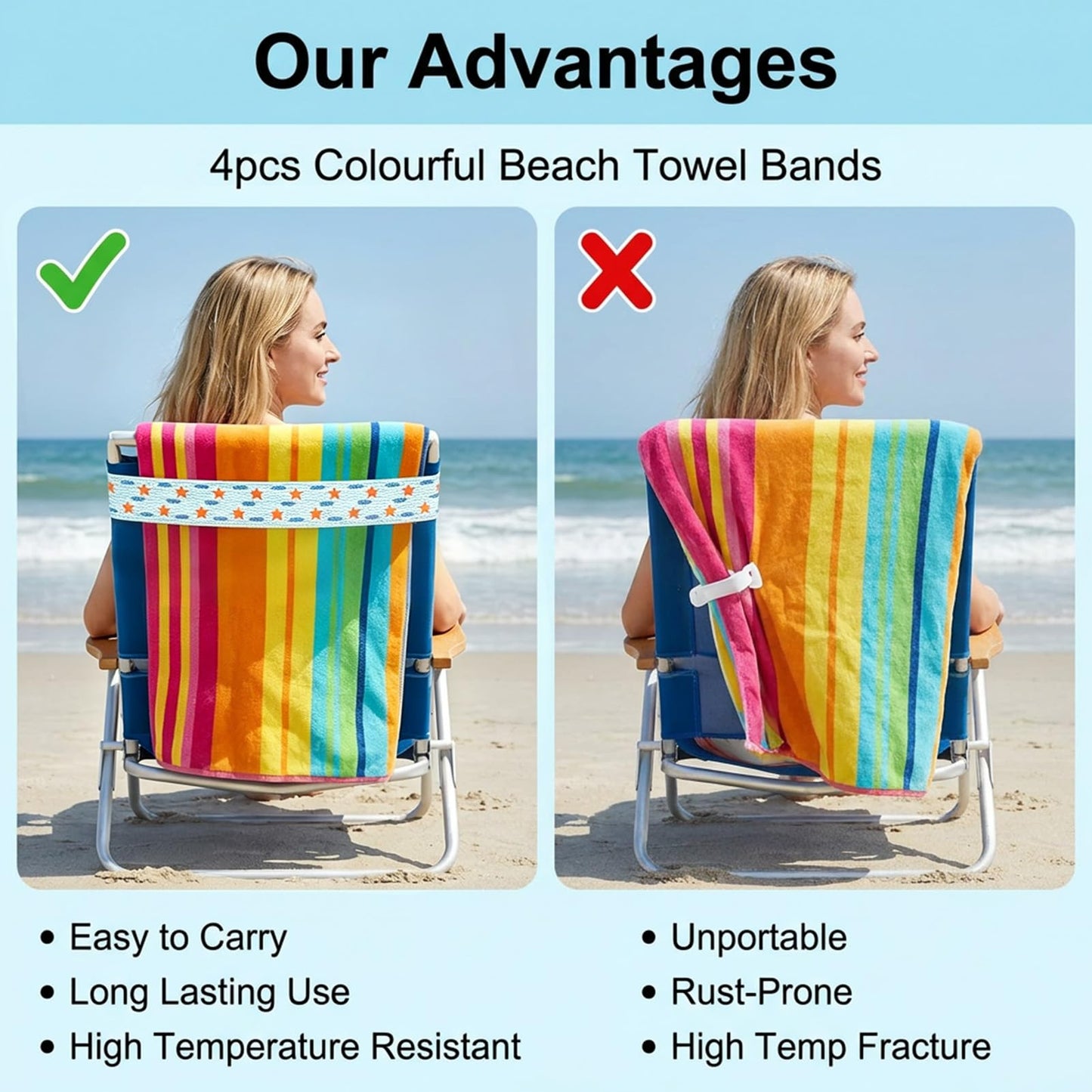 RTDHO 4Pcs Beach Towel Bands for Sun Loungers,40x4.5cm Elastic Sunbed Strap