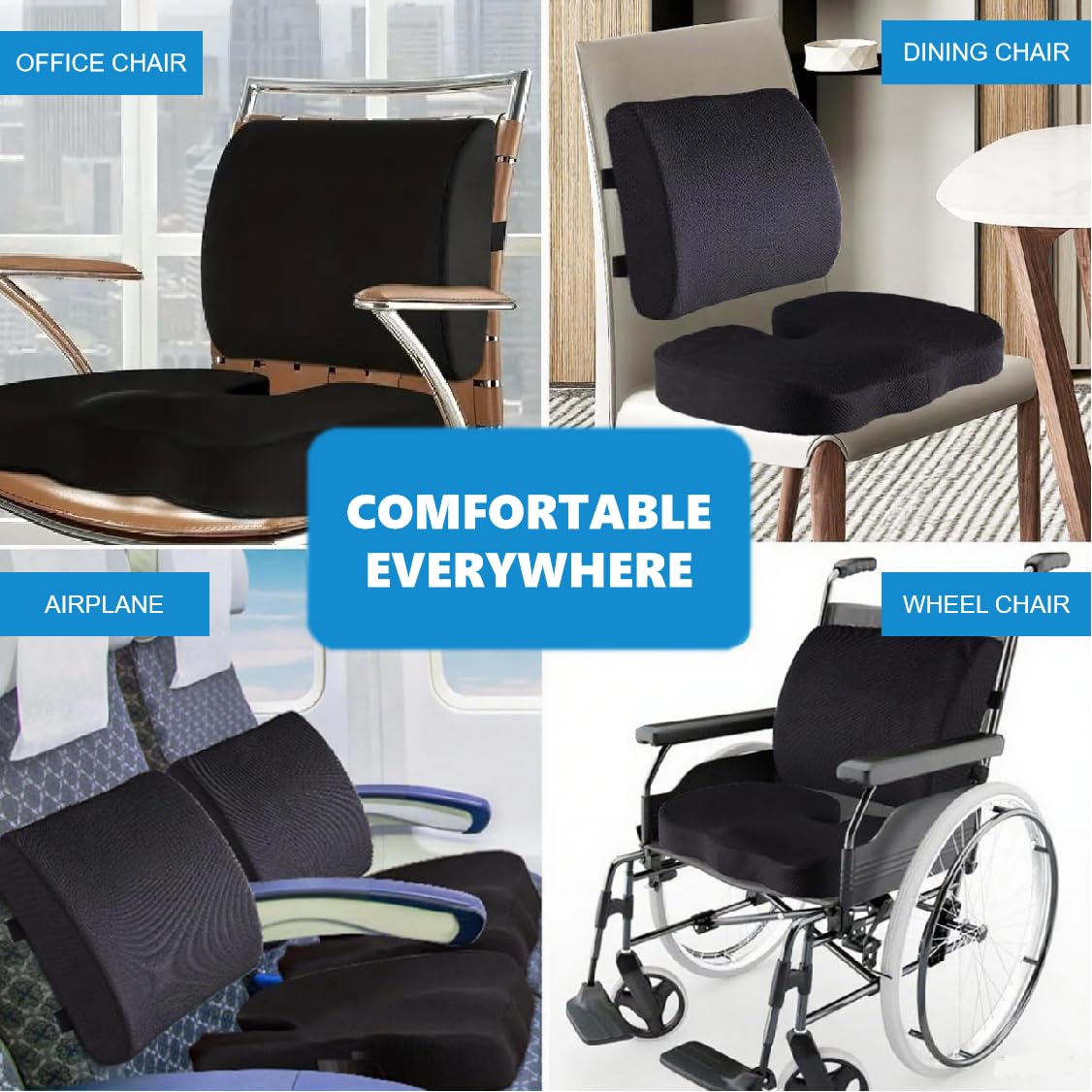 Kongming 2 in 1 Seat Cushion & Lumbar Support Cushion for Car,Wheelchair,Memory Foam Back Support for Office Chair with Adjustable Strap,Coccyx