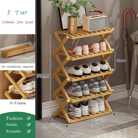 Glsety 5 Tier Bamboo Shoe Rack,Portable Folding Shoe Storage Rack,Without Installation Small Shoe Rack Perfect for Corridors, Bedrooms and Small