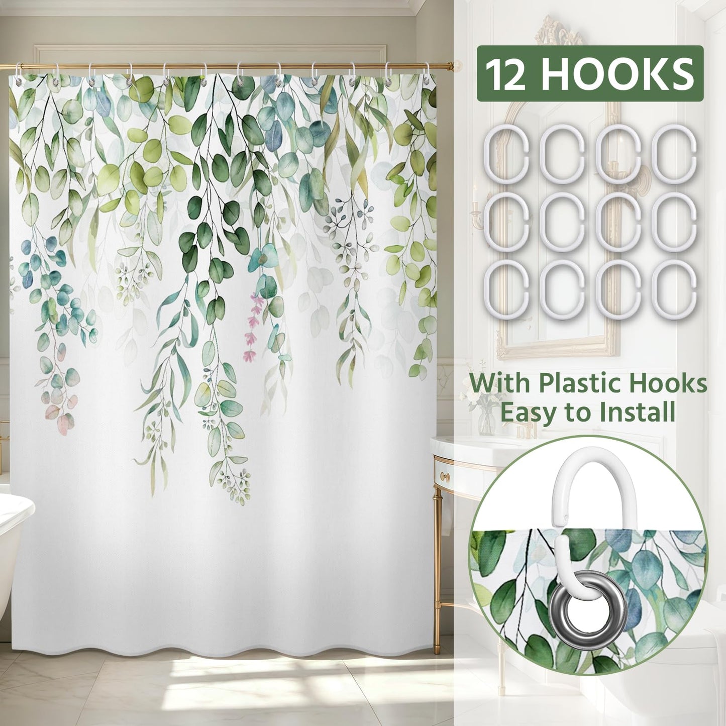 FAVORTALK Shower Curtain Mould Proof Resistant Shower Curtains for Bathroom Mildew Resistant Floral Curtain with Hooks 70.1 x L 70.1 Waterproof
