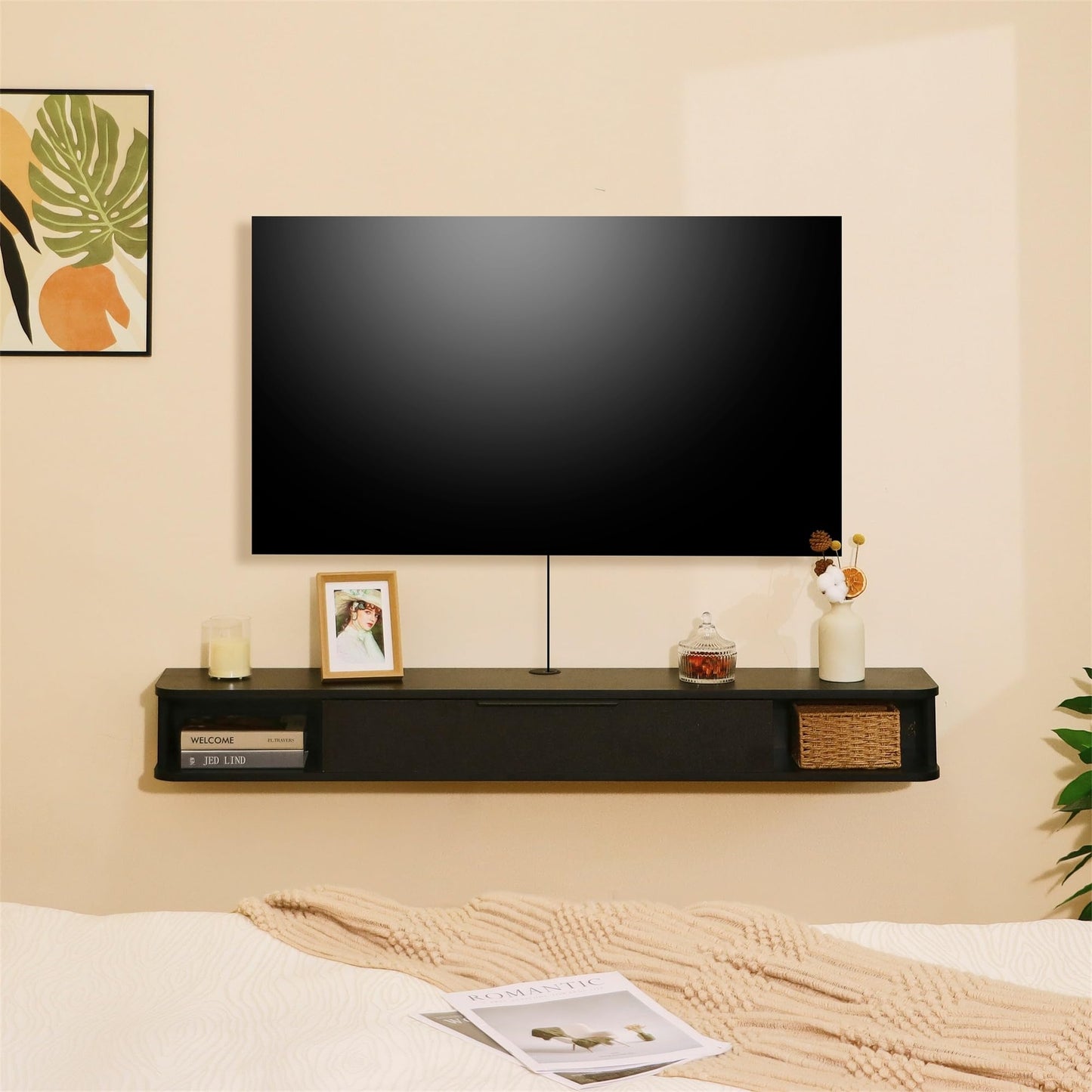 Mordchil EU Wall-mounted TV Cabinet Stand, 140cm Floating Media Console Under TV, Entertainment Shelf Center for Bedroom and Living Room, Black