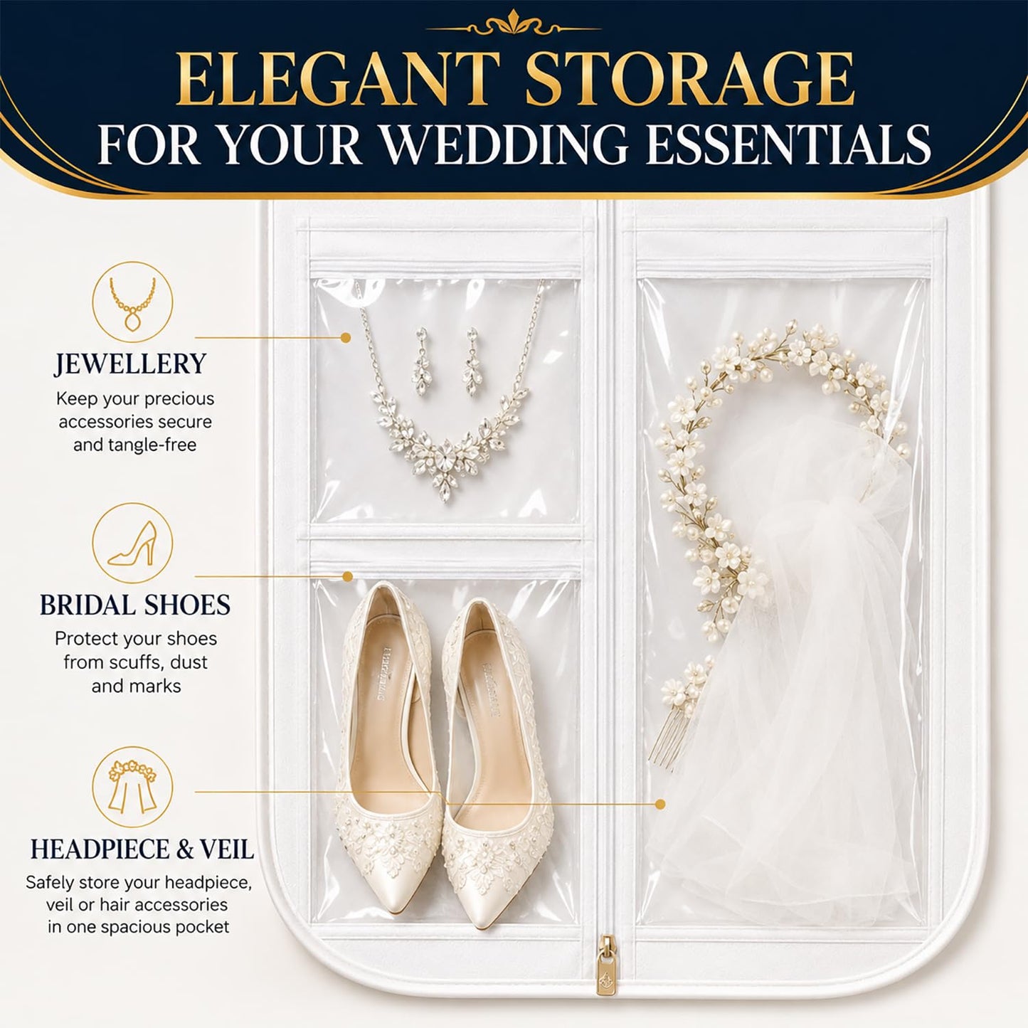 Wedding Dress Bag Covers, URMI Heavy Duty 180 x 60 x 26cm Bridal Gown Cover with 3 Clear PVC Pockets, Long Garment Bag with Handles for Wedding Gown
