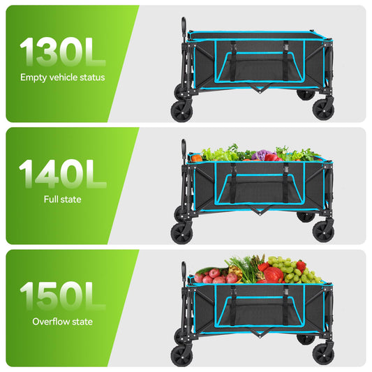 Folding Festival Trolley on Wheels - Foldable Camping Cart 150L Pull Along Garden Wagon Heavy Duty Trolley for Beach Shopping Fishing Picnic Outdoor