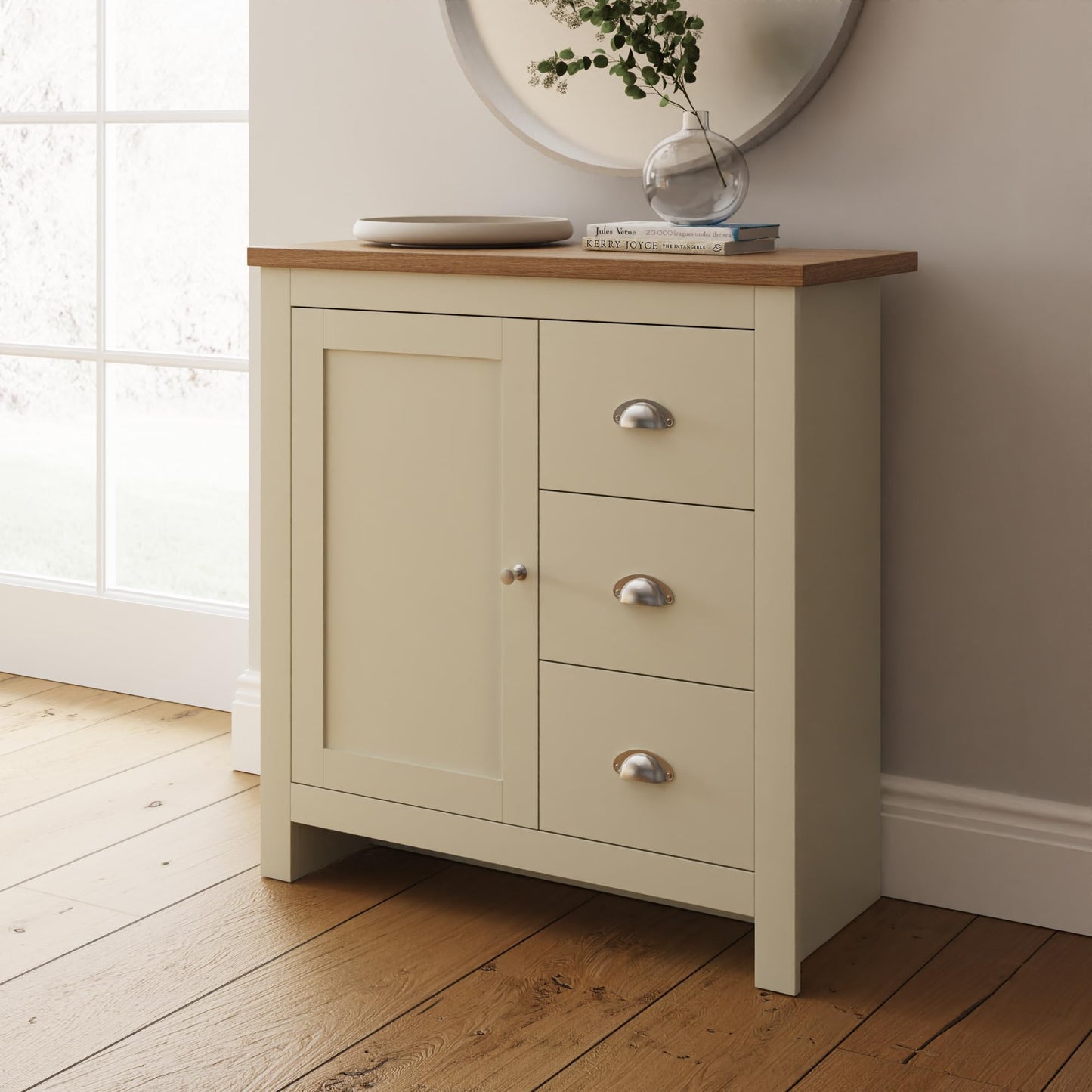 GFW Lancaster Multi Storage Unit, Cream and Oak Effect Cabinet with 1 Door and 3 Drawers, Country Cottage Living Room and Dining Room Furniture