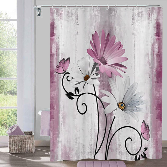 Hnmdmyi Farmhouse Floral Shower Curtain 180x200, Rustic Pink Daisy Flowers and Butterfly on Country Wooden Board Bathroom Curtains Waterproof