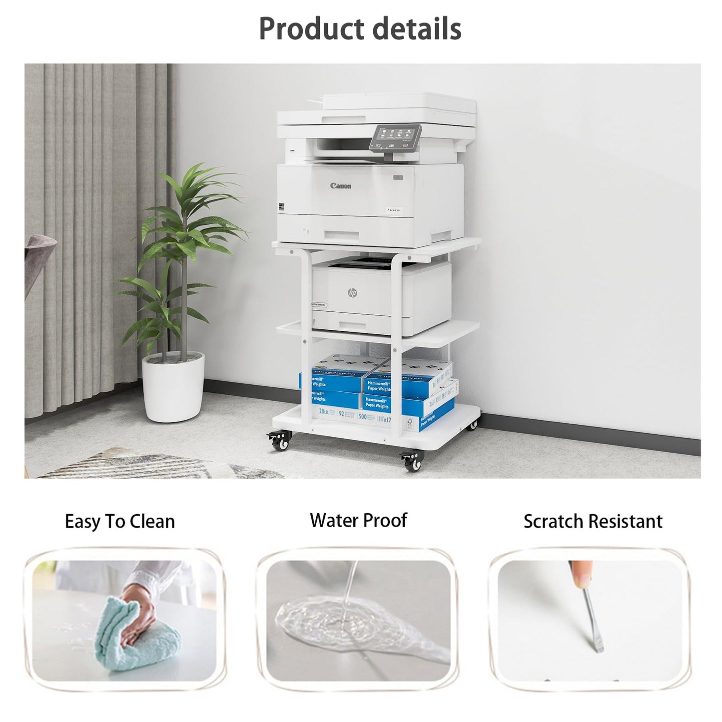 PUNCIA 3-Tier Laser Printer Stand with Storage Heavy Duty Rolling Cart