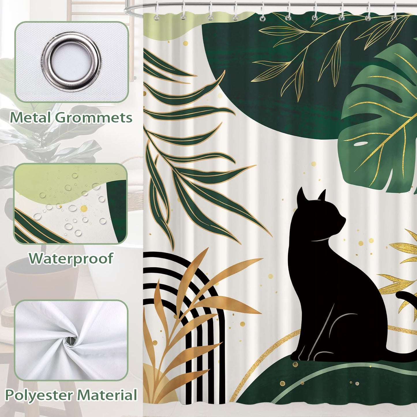 hometrixx Boho Black Cat Palm Leaf Sun Shower Curtain Green 72X72Inch