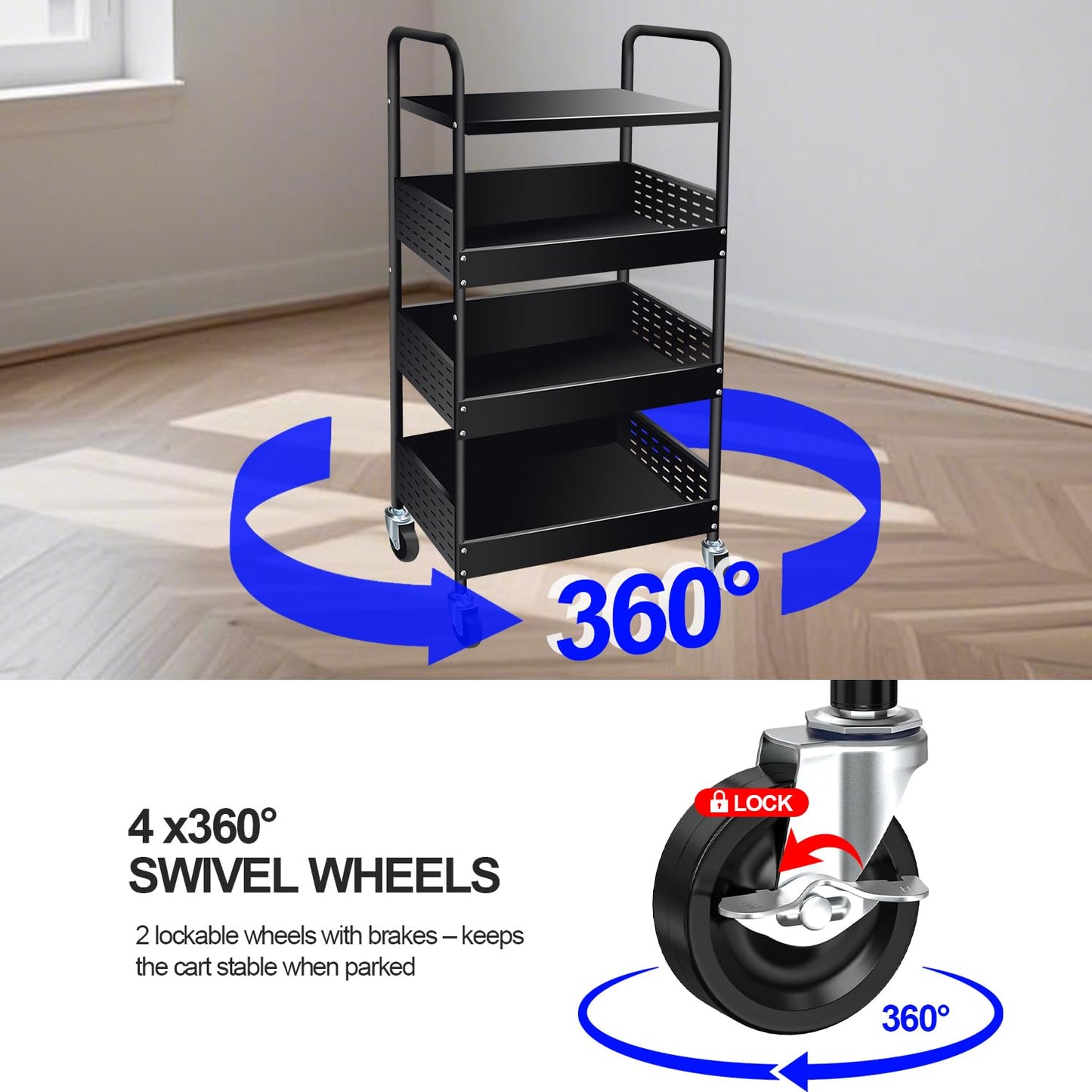 Goodsnetic 4-Tier Trolley Cart, Metal Storage Trolley on Wheels, Black