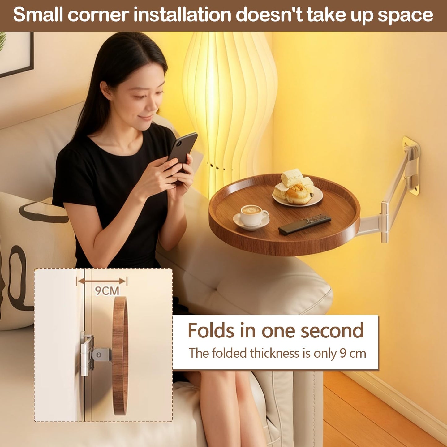 Ysislybin Round Wall-Mounted Folding Table, 720° Freely Adjustable Foldable Wall Desk Foldable Wall Bedside Table Space-Saving For Bedroom Living