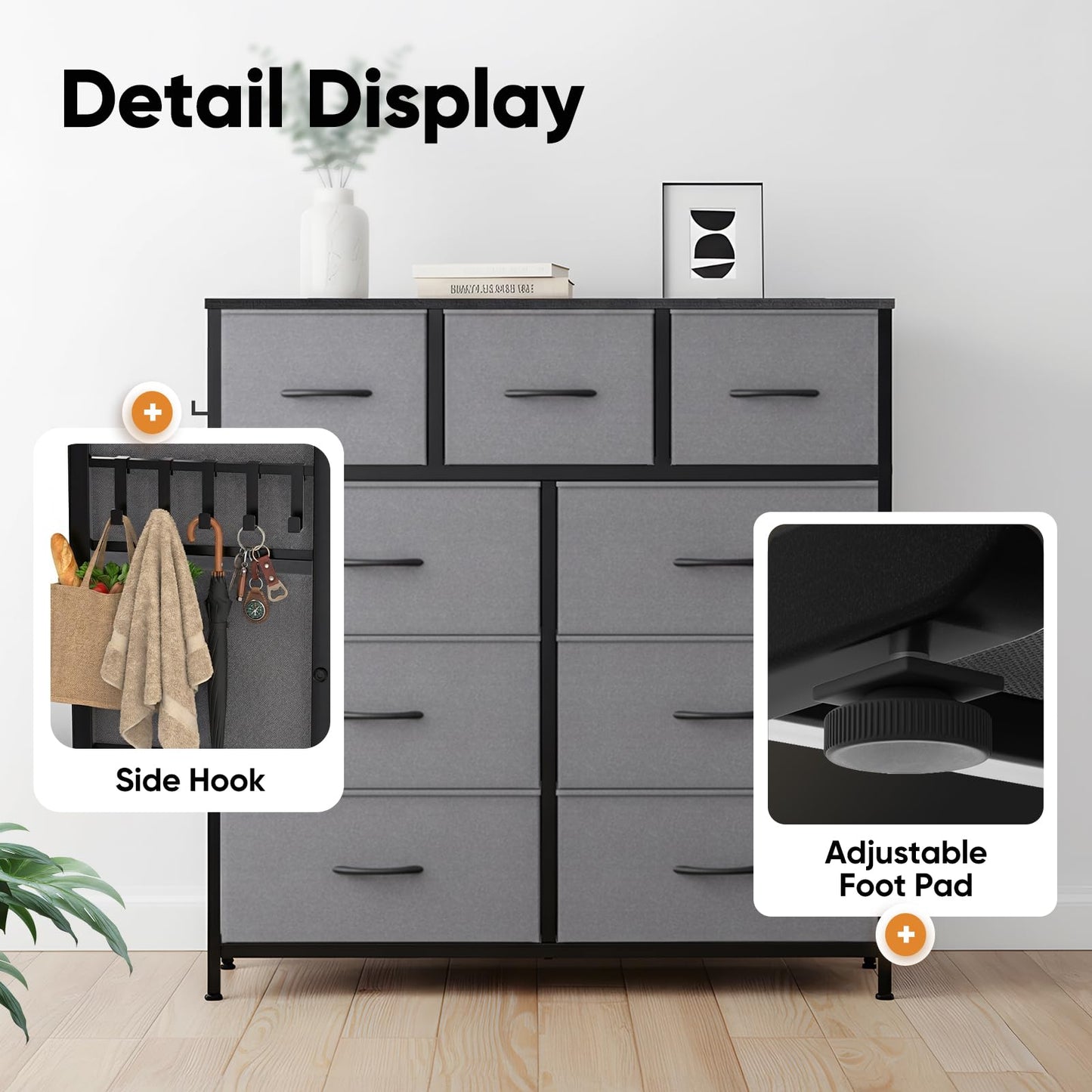 MAXLEAD Fabric Chest of Drawer with 9 Drawers, Home Storage Cabinet with Metal Frame & Wood Top, Large Capacity Dresser for Bedroom, Living Room
