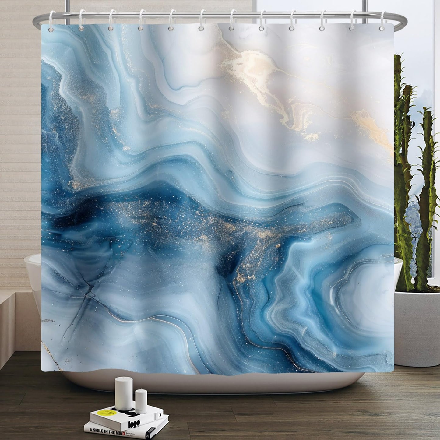 Kzzfqxb 180x200cm Shower Curtains with Plastic Hooks, Waterproof Occluded Blue Golden Marble Texture Milky Waterflow Wave Modern Art Pattern for Bath,