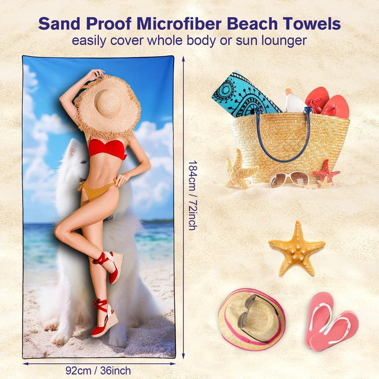 Violetpos Samoyed Beach Towel for Dog Lovers, Extra Large 180x90 cm 250GSM Microfibre, Sand Free Quick Dry