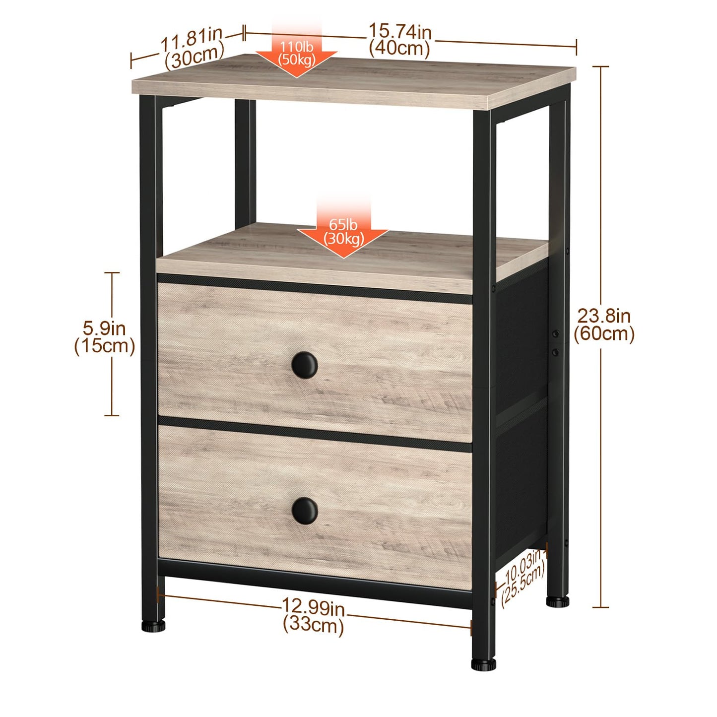 LOAKEKEL Bedside Table, Side Tables Set of 2 with 2 Fabric Drawers