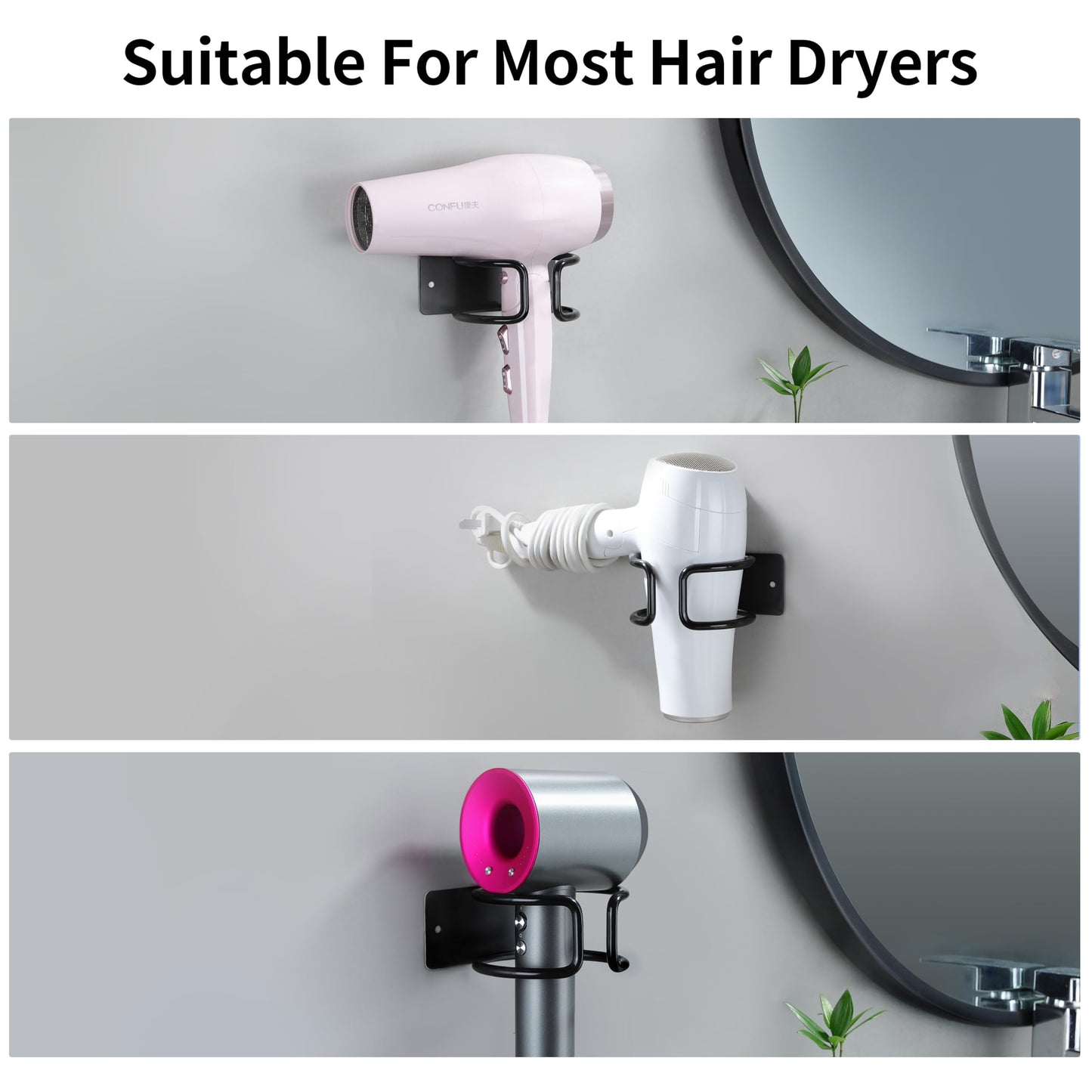 Kegii Hairdryer Holder Wall Mounted, Adhesive&Drilling Hair Dryer Holders for Dressing Table, Hairdryer Stand Storage for Bathroom, Bedroom