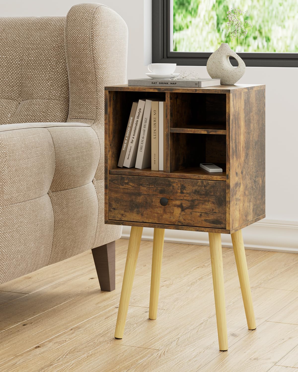 HEYZOEY Wooden Nightstand Mid-Century Modern Bedside Table, Rustic Brown