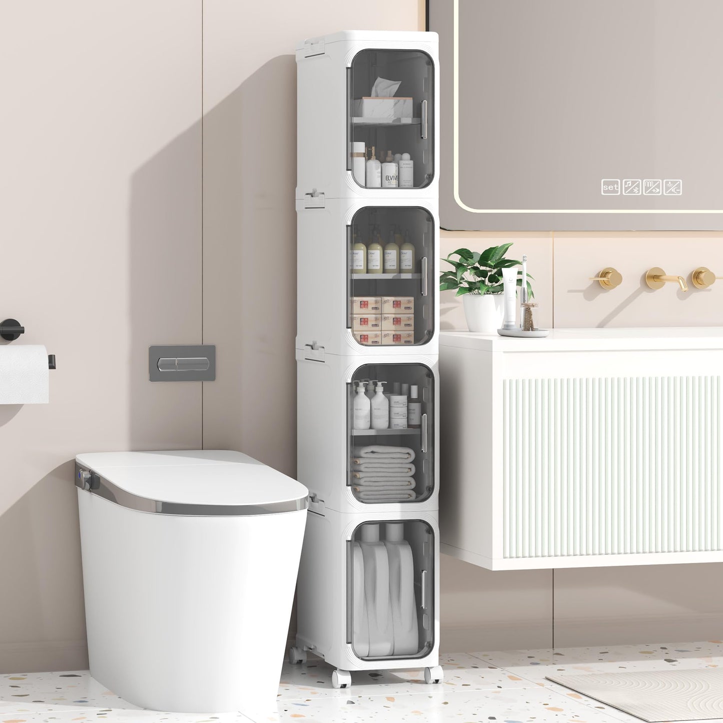 Enjinkail Tall Bathroom Cabinet, Slim Freestanding Plastic Storage Unit with Door, Waterproof Small Trolley with Wheels for Office, Living Room,