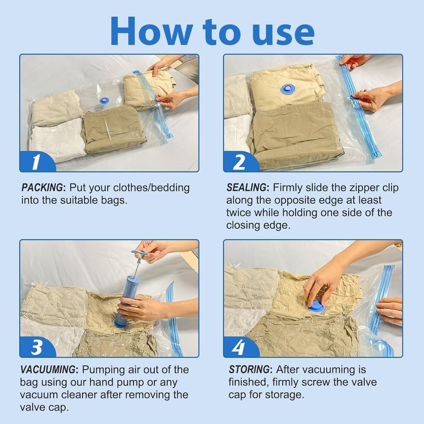 Vacuum Storage Bags Pack of 6 (2 Medium, 2 Large, 2 Jumbo) - Space-Saving Compression Bags with Airtight Seal - Reusable Zipper Bags for Clothes