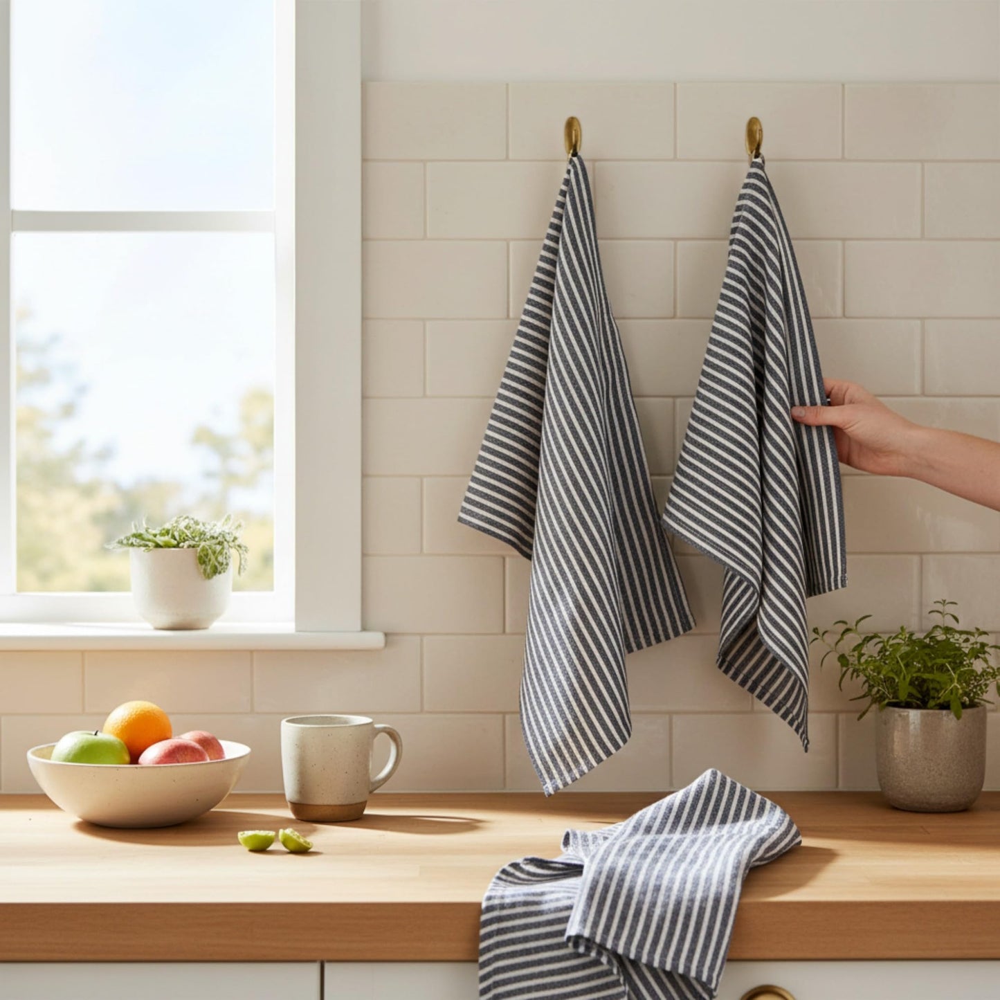 Eight Owls Stonewashed Linen Kitchen Dish Towels – 50 x 68 cm – 100% Pure Linen Tea Towel/Hand Towel - set of 2 (Navy Stripe)