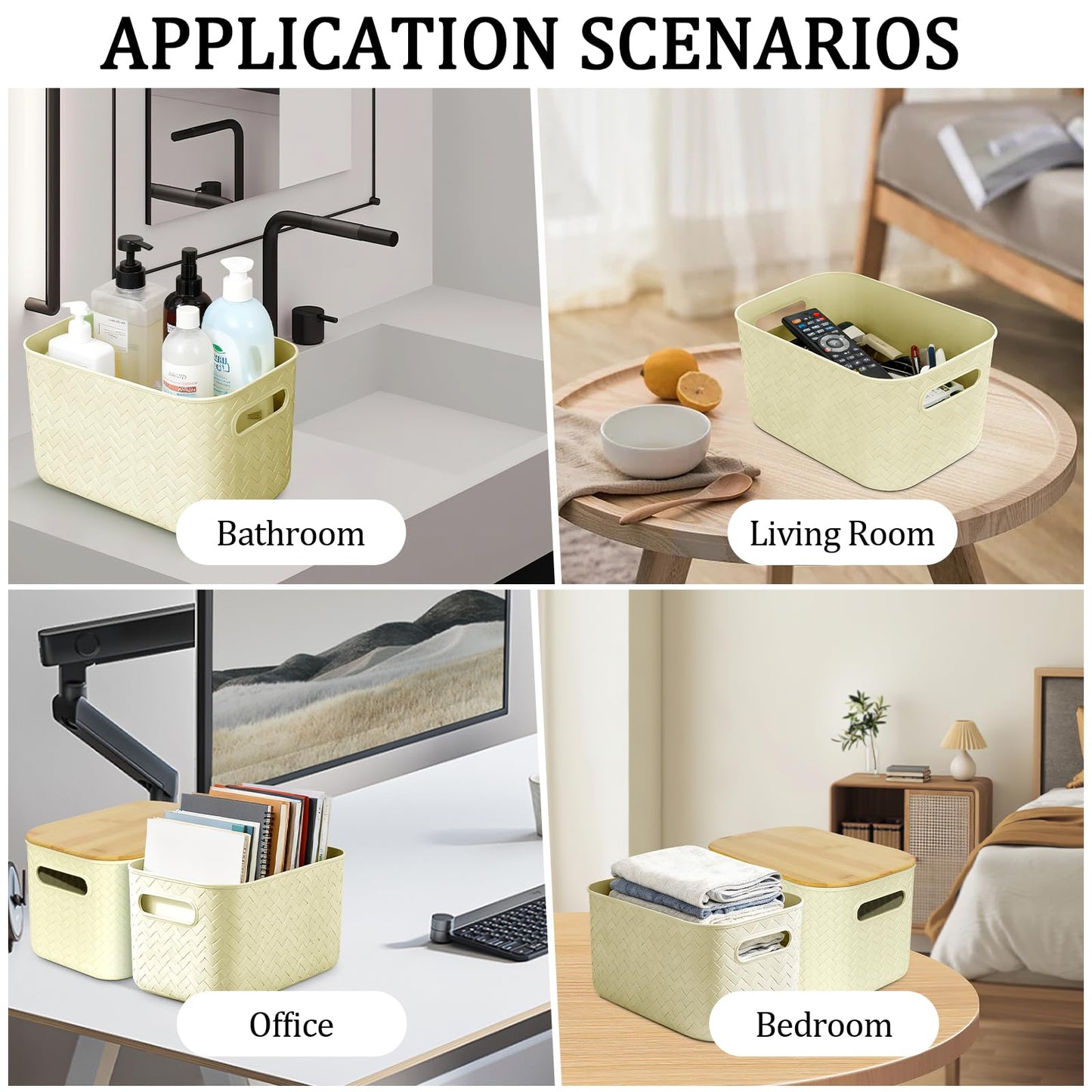 RWFMO 4 Pcs Plastic Beige Storage Baskets with Bamboo Lid for Bathroom