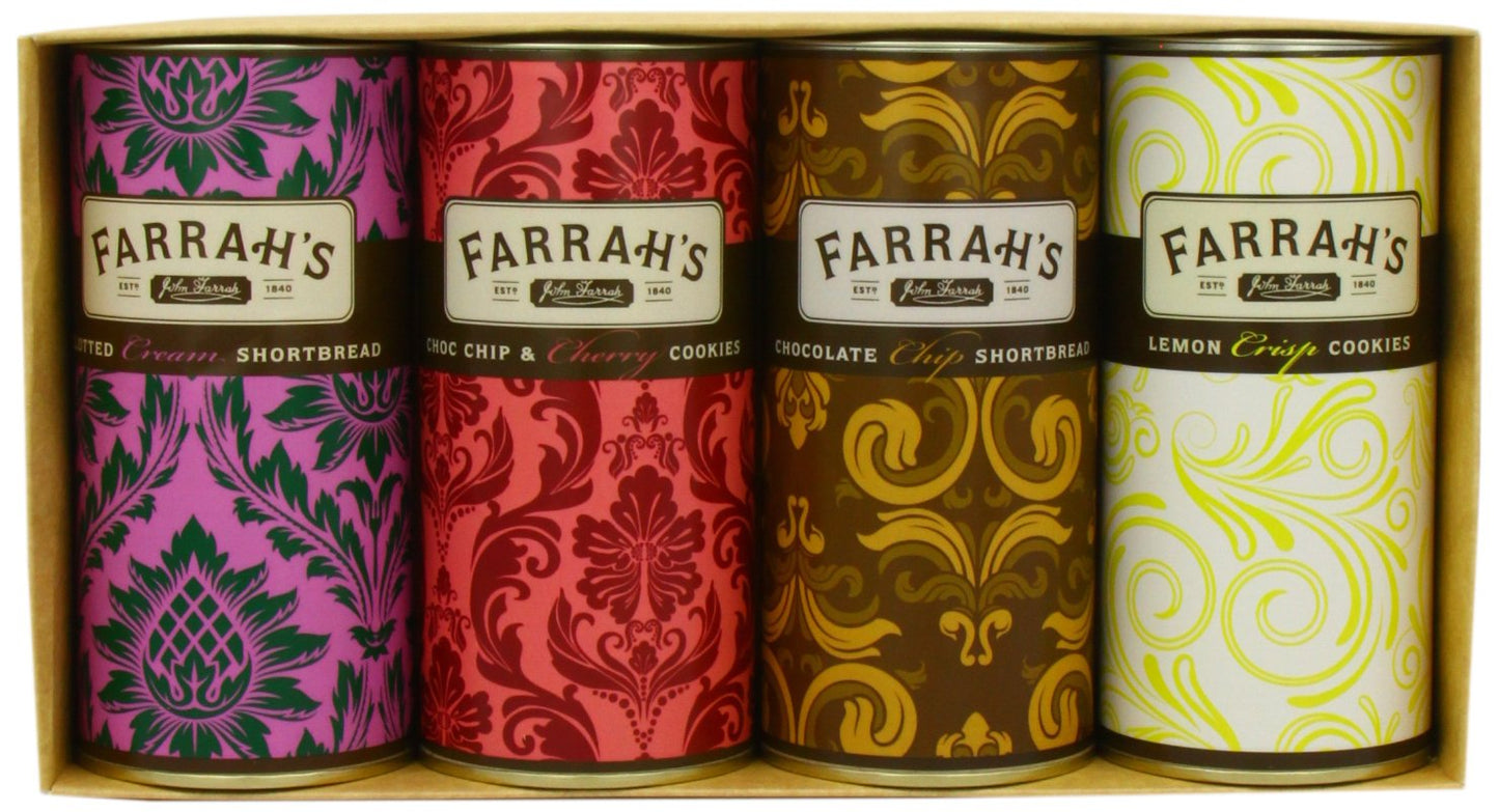 Farrah's of Harrogate | Four Drum Biscuit Selection | 1 x Clotted Cream Shortbread, 1 x Chocolate Chip & Cherry Cookies, 1 x Chocolate Chip Shortbread