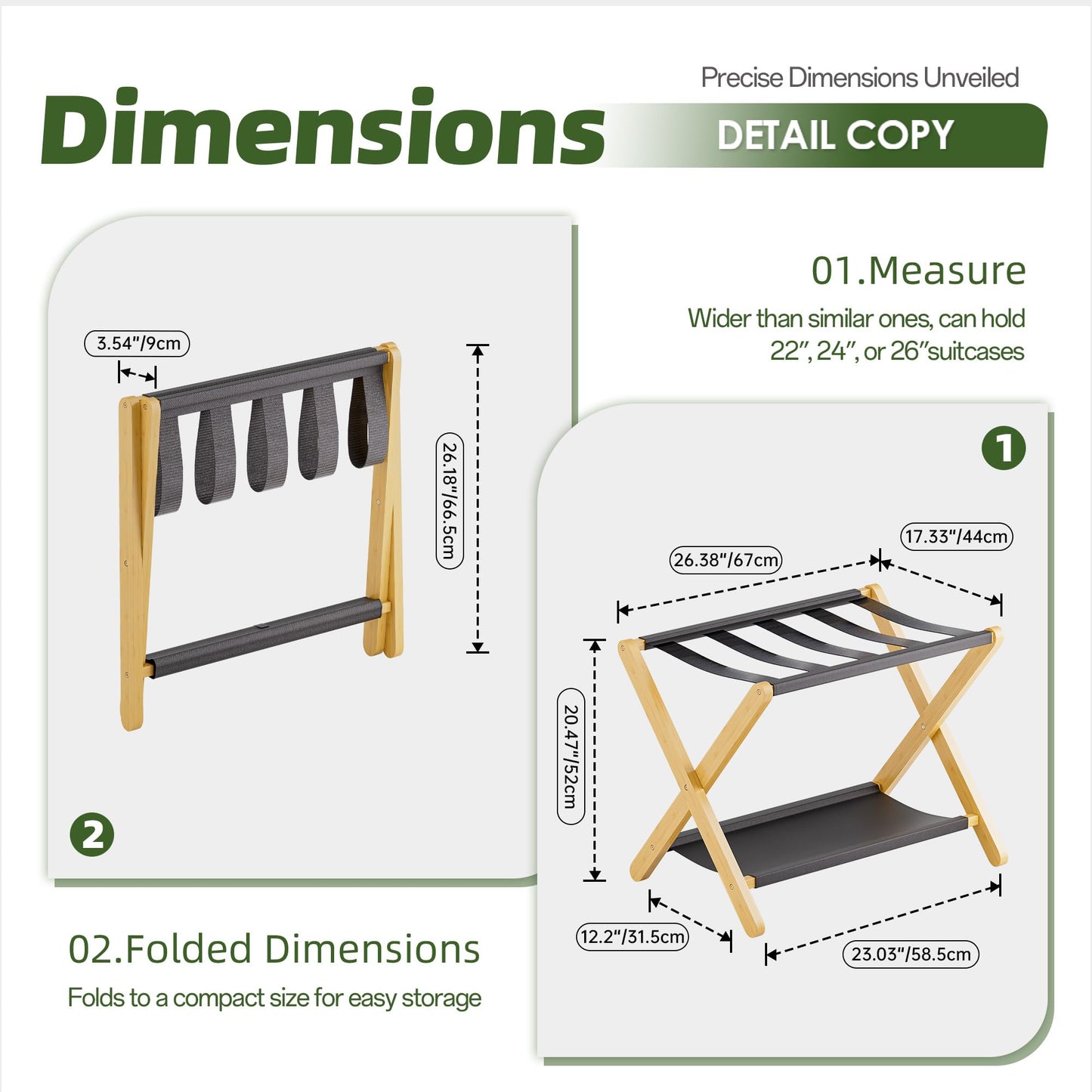 vovala Luggage Rack, Folding Suitcase Stand with Storage Shelf, Premium Bamboo Luggage Holder for Guest Room, Bedroom, Hotel, Closet