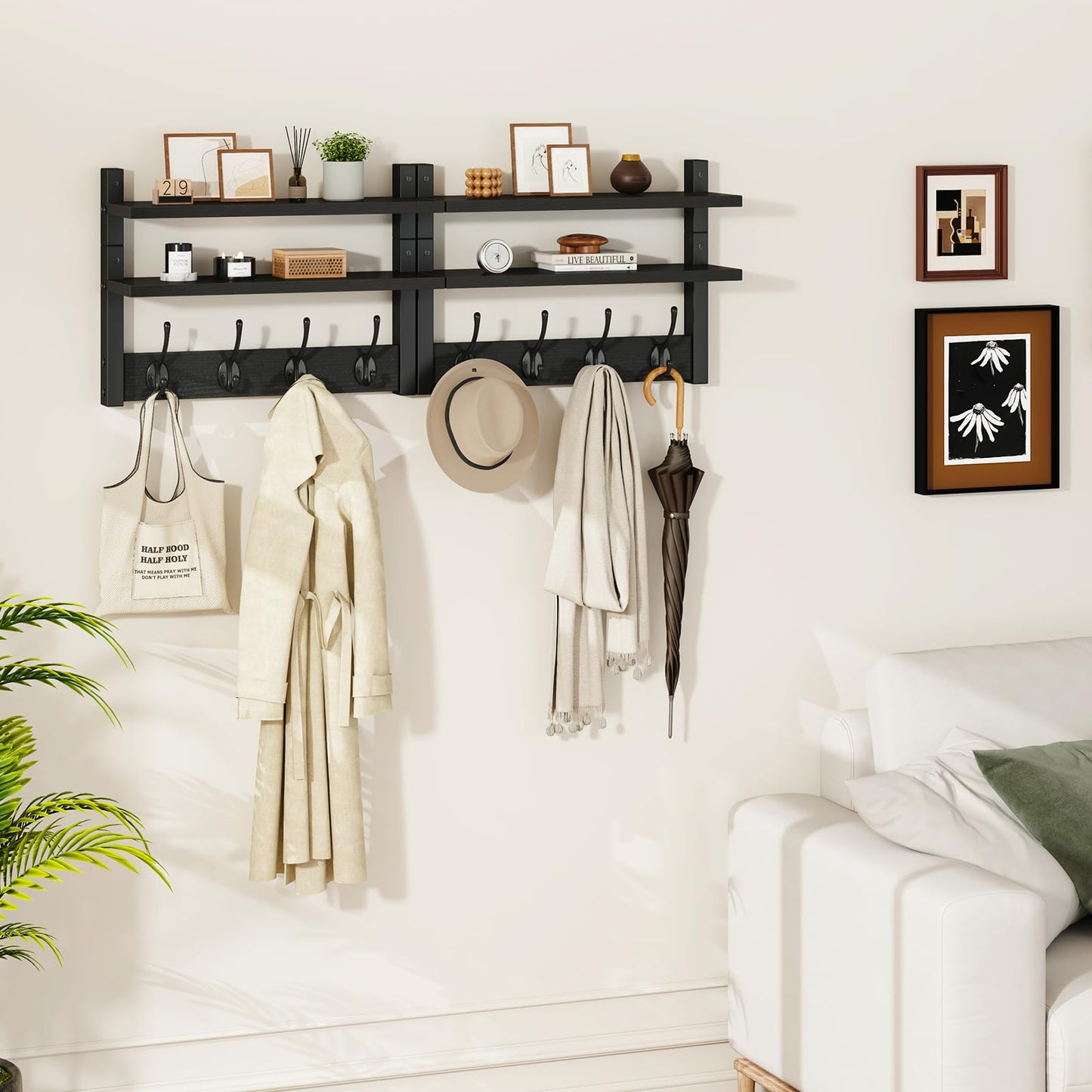 YMYNY 2-Tier Coat Hooks Wall Mounted with Shelf, Black HWS009B-2
