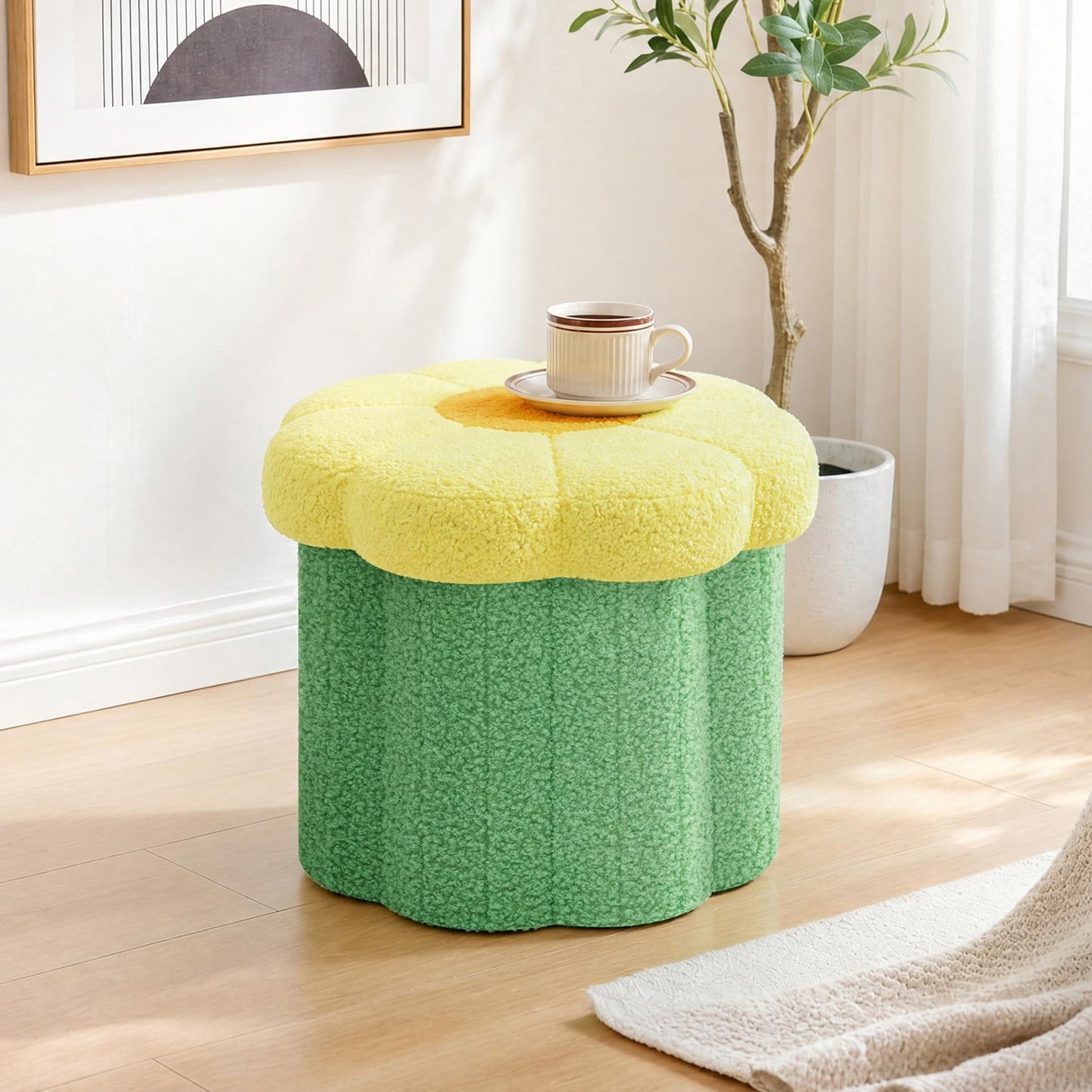 Bonlife Flower Shape Ottoman with Lid, Folding Footrest, Small Storage Box
