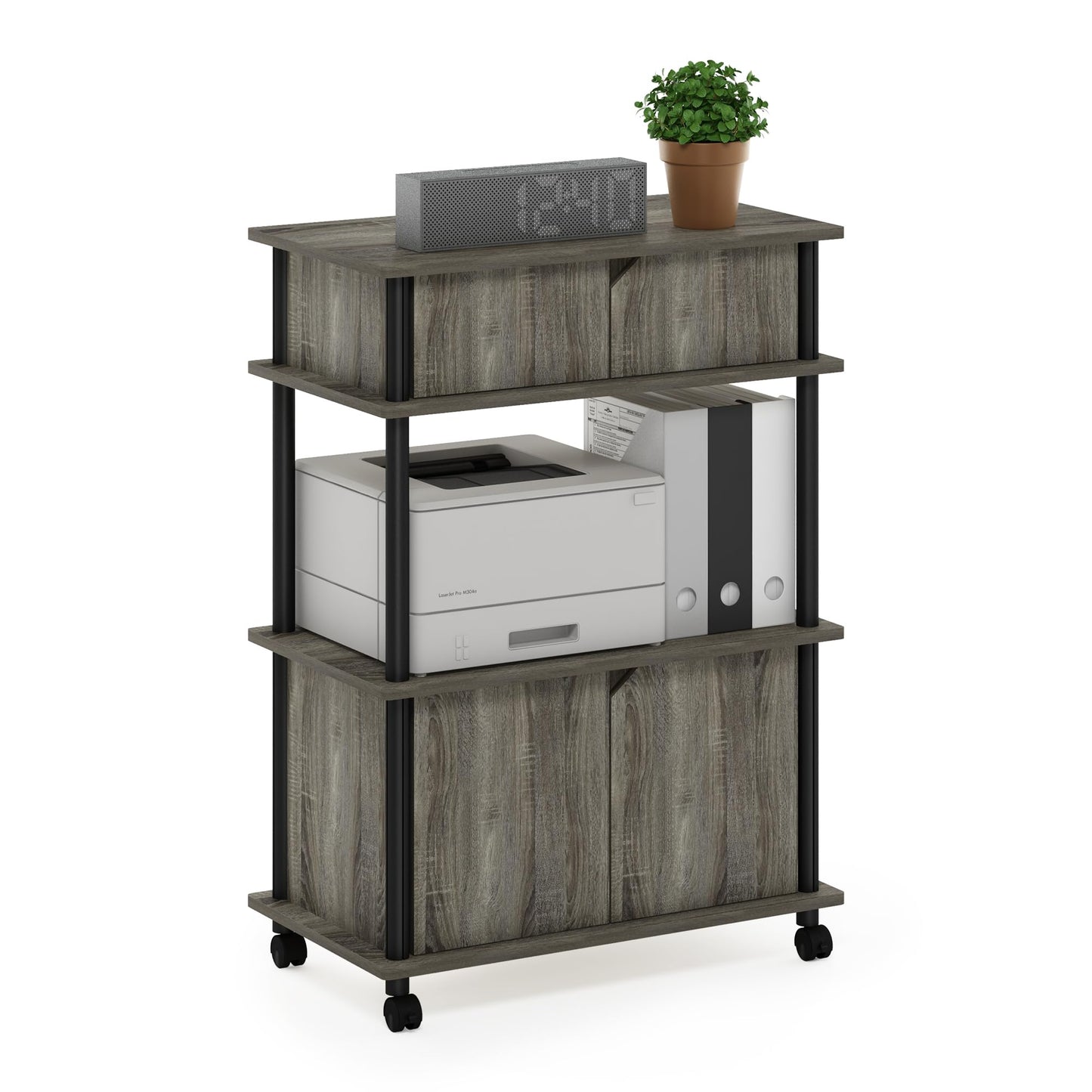 Furinno TURN-N-TUBE Printer Stand with Storage, 4-Tier Printer Table with with Storage Cabinet and Casters, Open Frame Standing Shelf, for CPU