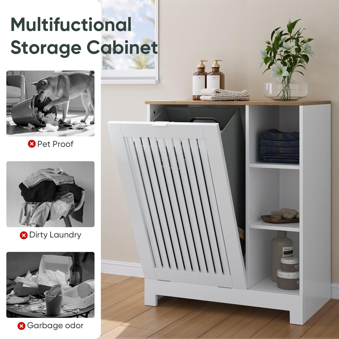 Smart FENDEE Tilt Out Laundry Hamper Cabinet with Louvered Door and Side Shelf, Bathroom Storage Cabinet with Removable Clothes Bin, 60 x 37 x 75 cm